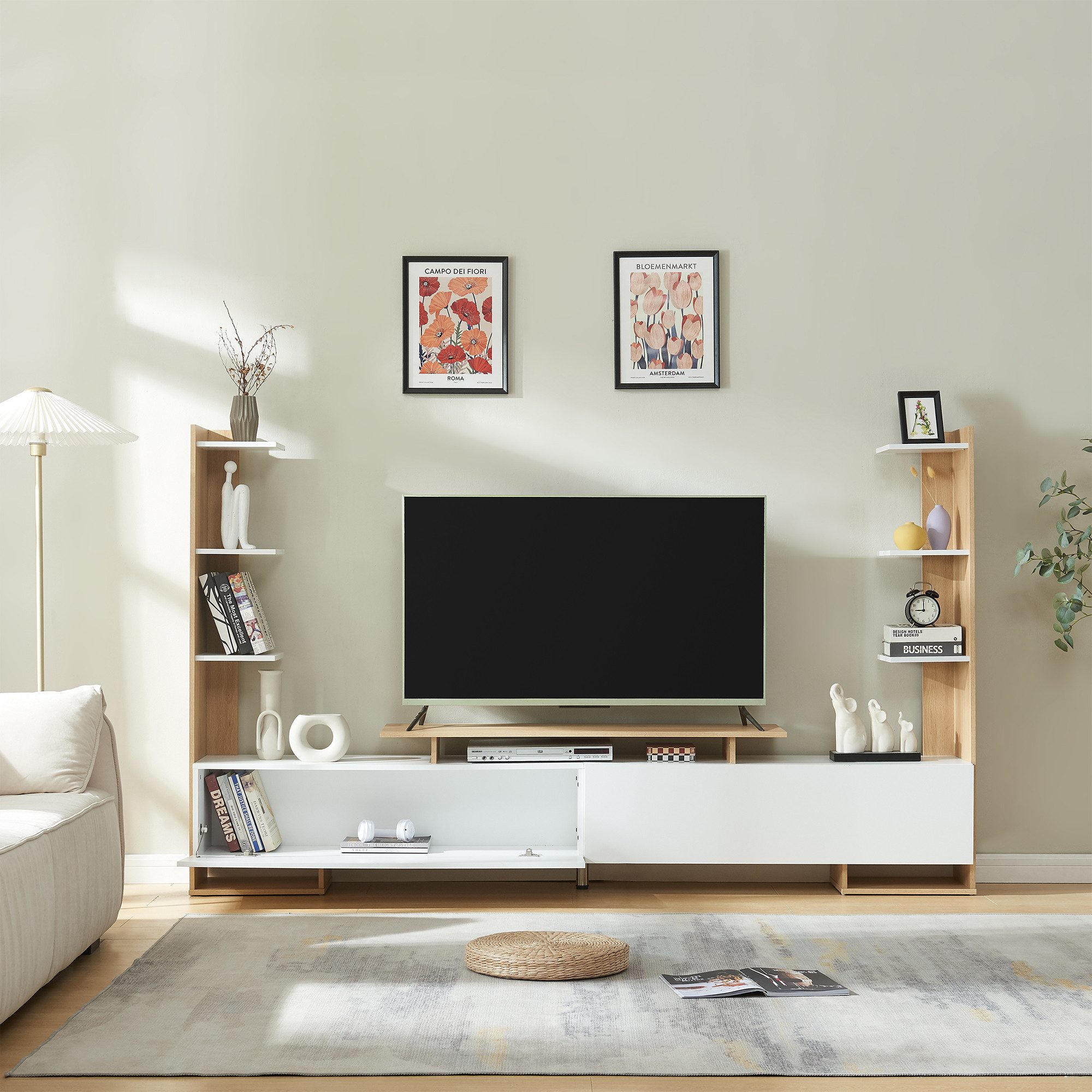 en.casa TV-Schrank »Rauki« mit Seitenregalen 233 x 31 x 141 cm Weiß/Eicheoptik