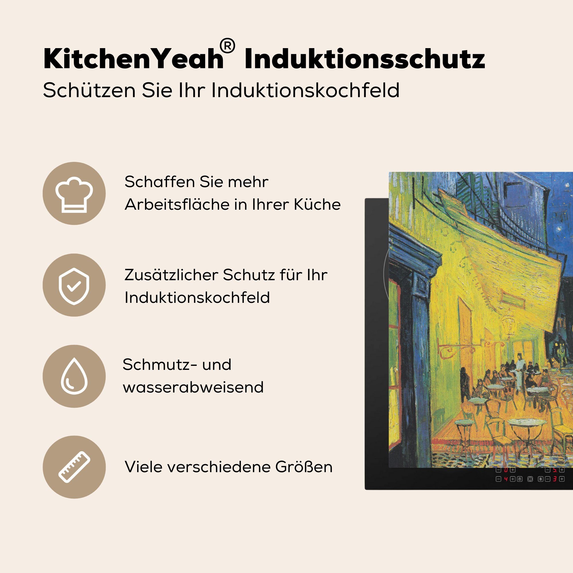 Vincent cm, tlg), MuchoWow Nacht - 78x78 Caféterrasse bei küche Arbeitsplatte von für Ceranfeldabdeckung, Vinyl, (1 van Herdblende-/Abdeckplatte Gemälde Gogh,