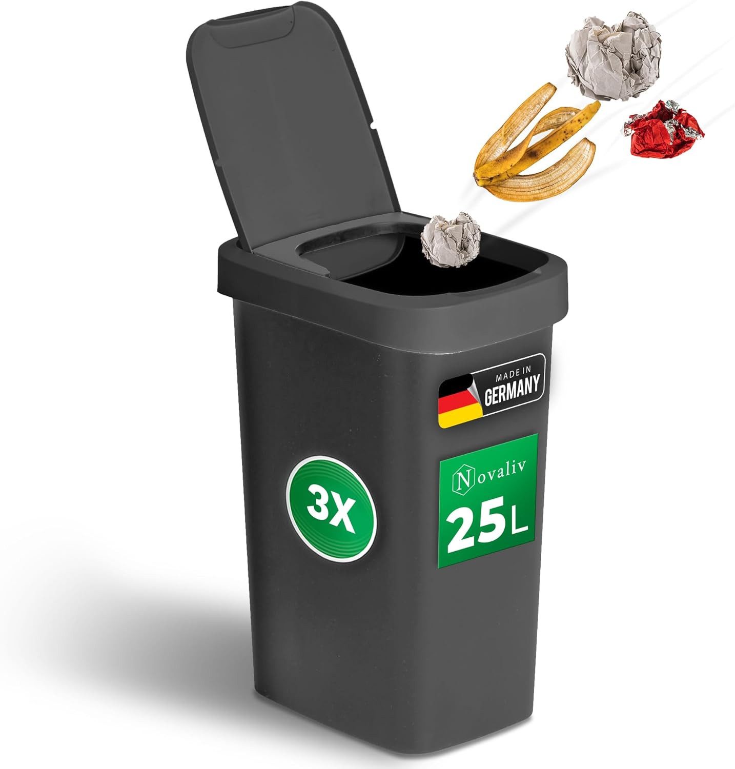 Novaliv Mülleimer 31047-3x, Novaliv 3er-Set Mülleimer 25L mit 2in1 Deckel, Klappdeckel & Schwingde