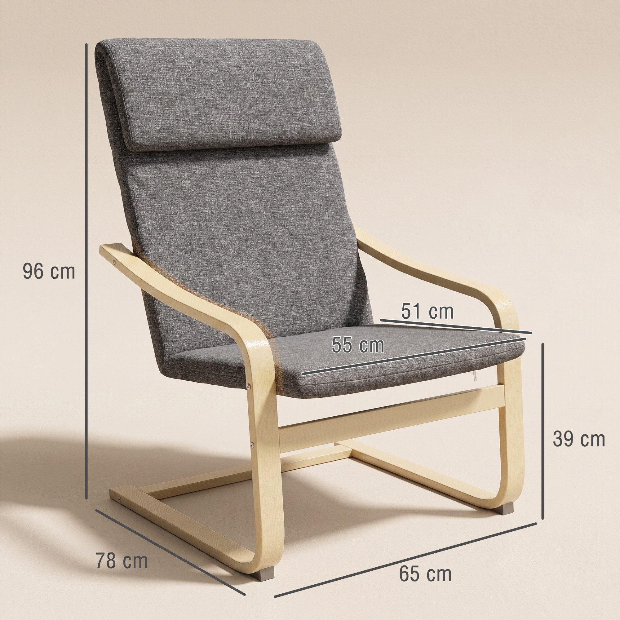 HOMCOM Relaxsessel Ruhesessel mit Kopfkissen für Wohnzimmer (Relaxstuhl mit Armlehne, 1-St., Esszimmerstuhl), Birkenholz, Dunkelgrau 65 x 69 x 98cm