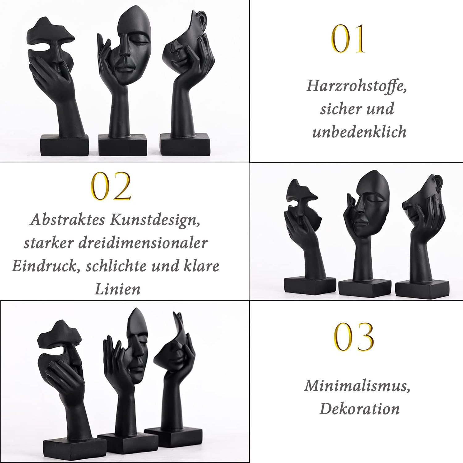 Refined Living Dekofigur 3-tlg Abstrakte Kunstfiguren Skulptur Kreative Frauen Gesicht Statue (Kunstharz Abstrakte Schwarze Figuren Deko Heimdekoration Akzentkunst, Dekofigur Denker Skulpturen Deko Moderne Wohn- und Schlafzimmer), für Moderne Wohnzimmer, Bücherregal, Büro, Regale oder Sideboards