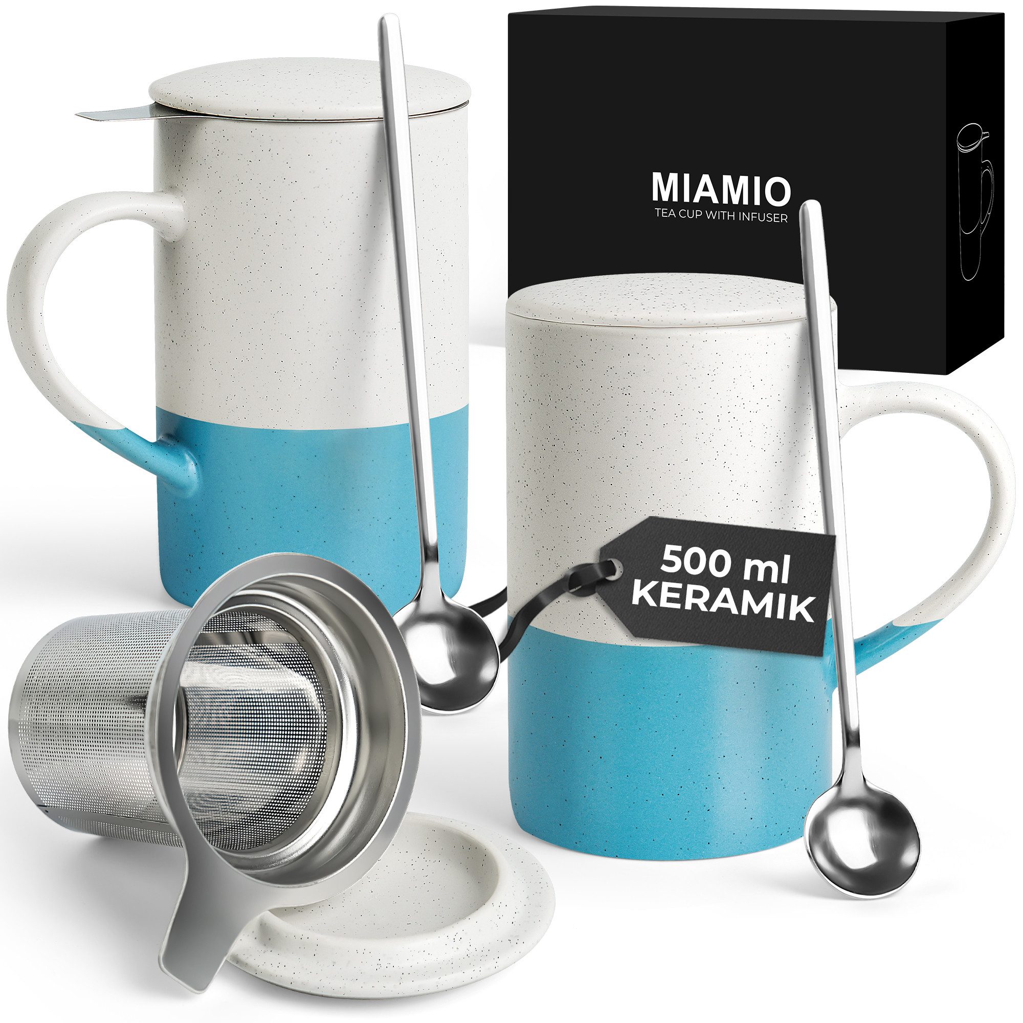 MiaMio Tasse für losen Tee mit Siebeinsatz und Deckel, Blau, 2-tlg., Keramik, 500 ml je Tasse