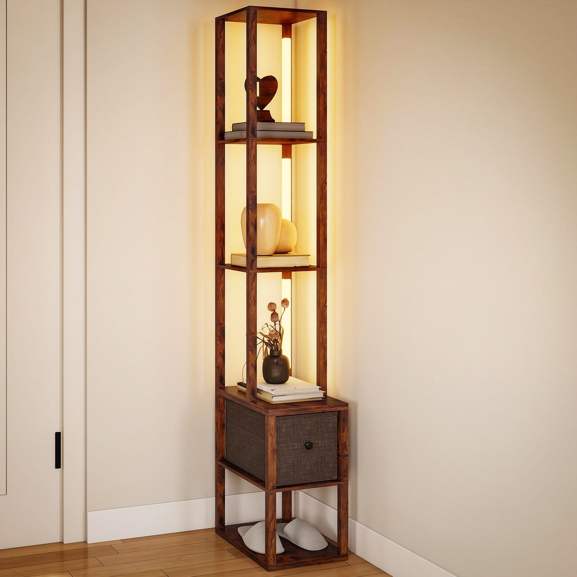 HOMCOM Stehlampe Wohnzimmer Standleuchte mit Fußschalter, für Büro, Rustikal-Braun, Dimmfunktion, LED fest integriert, Warmweiß, 3-in-1 LED Stehlampe mit Ablage – Bild 2 von 5