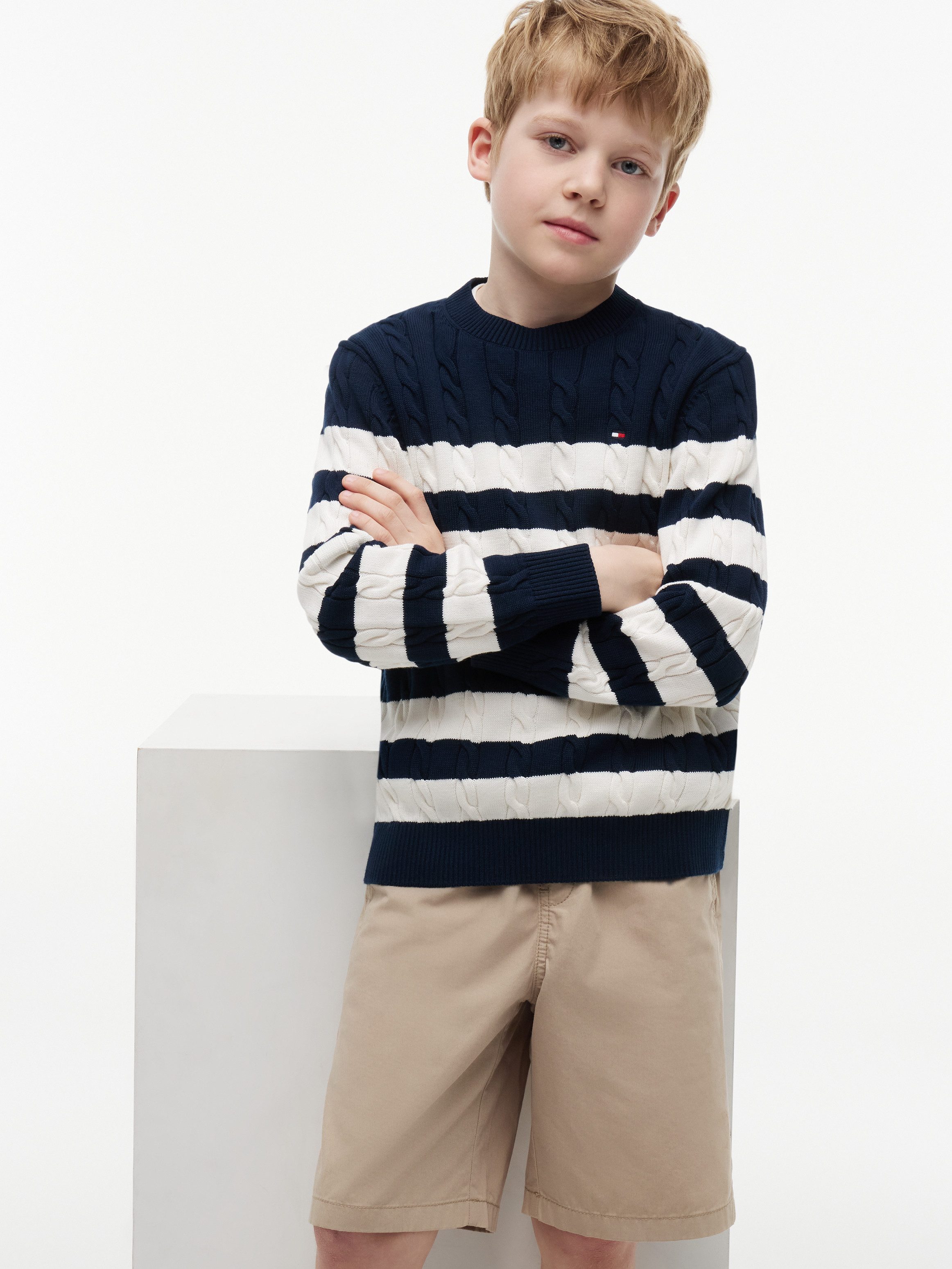 Tommy Hilfiger Strickpullover COTTON CABLE SWEATER Rundhalsausschnitt, Regular Fit, Kinder bis 16 Jahre