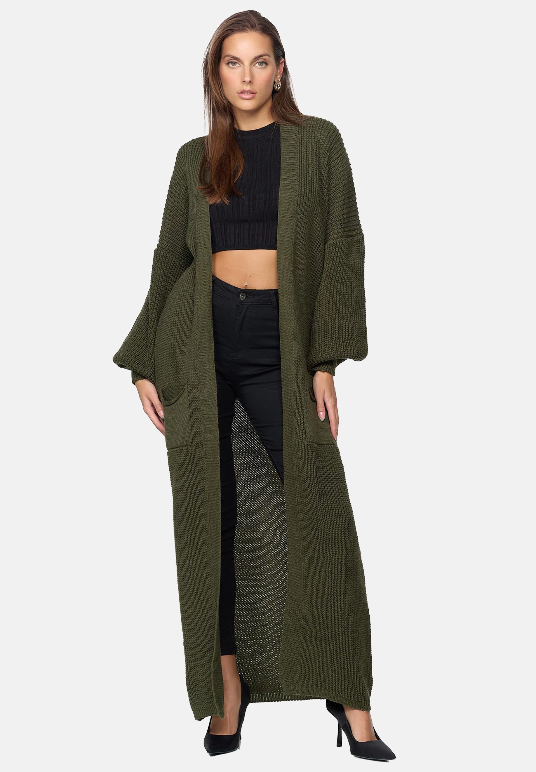 Elara Cardigan – Damen Longcardigan in Grobstrick mit Ballonärmeln und Taschen