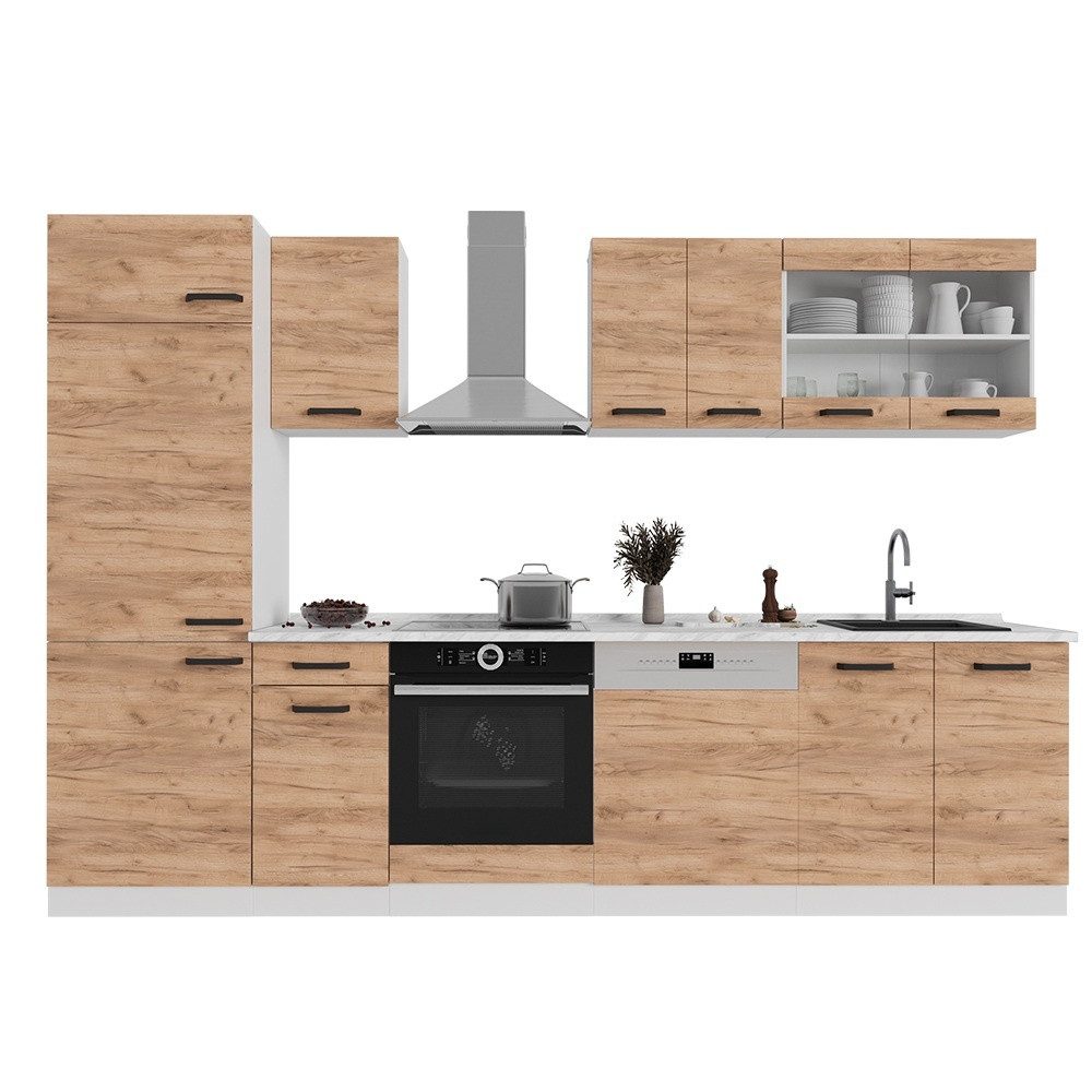 Vicco Küchenzeile R-Line, Goldkraft Eiche/Weiß/Weiß, 300 cm AP Eiche