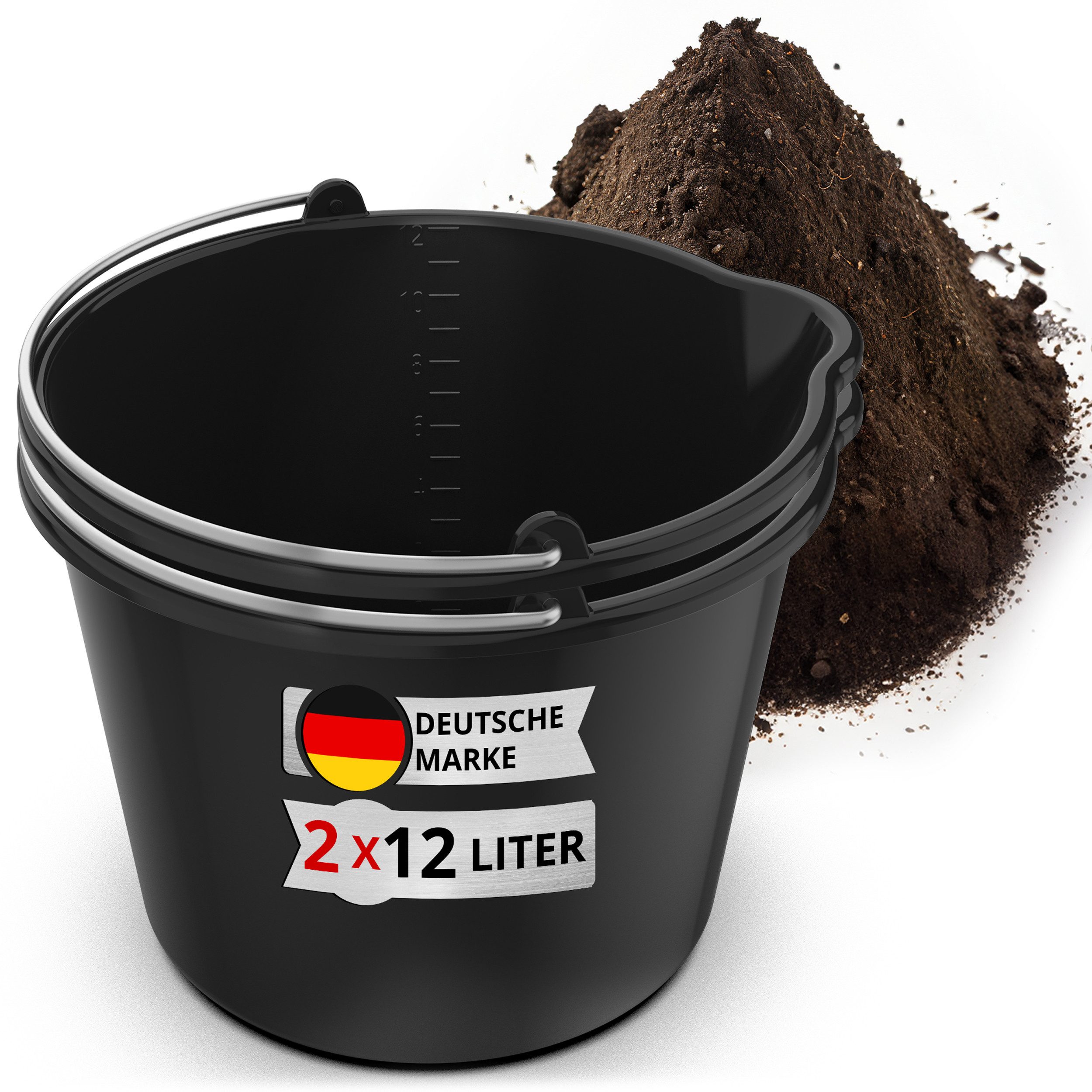 Oramics Baueimer 12L Ведра mit Ausguss Tülle Baueimer Kübel für Zement Mörtel Wasser, (stabiler robuster langlebiger Kunststoff-Eimer mit Messskala Ausgießer, 2-tlg., Wassereimer, Mörteleimer mit Skala, Tülle für Haushalt, Gewerb), mit integrierter Skala, Tülle und Tragehenkel