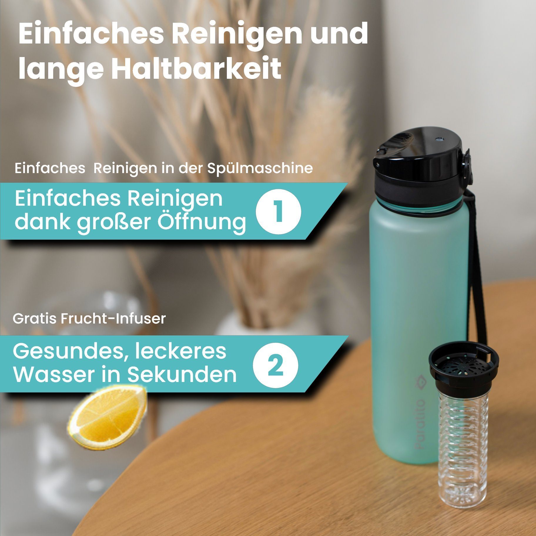 Tritankunststoff, aus BPA-frei, Liter Paratito® mit 1 Trinkflasche Trinkflasche Matt-schwarz Paratito Fruchtsieb, hochwertig, Früchtebehälter, mit Tritan Fox Bottle,