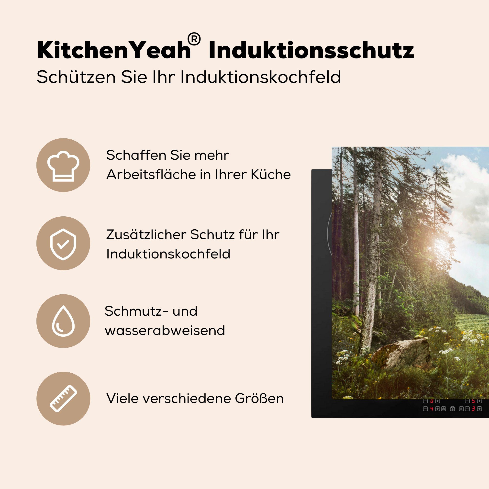 küche (1 Herdblende-/Abdeckplatte Gras, Arbeitsplatte Vinyl, Ceranfeldabdeckung, für - Blumen Wald - 83x51 MuchoWow cm, tlg),