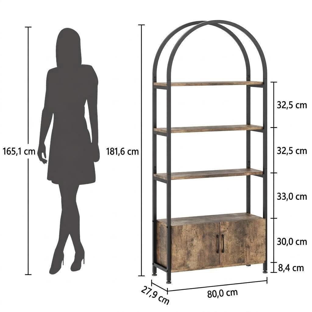GarveeMore Bücherregal Gewölbtes mit 2 Türen,stabilem Metallrahmen,181cm, 4-stöckiges gewölbtes Ausstellungsregal für Büro,Schlafzimmer,weiß – Bild 4 von 5