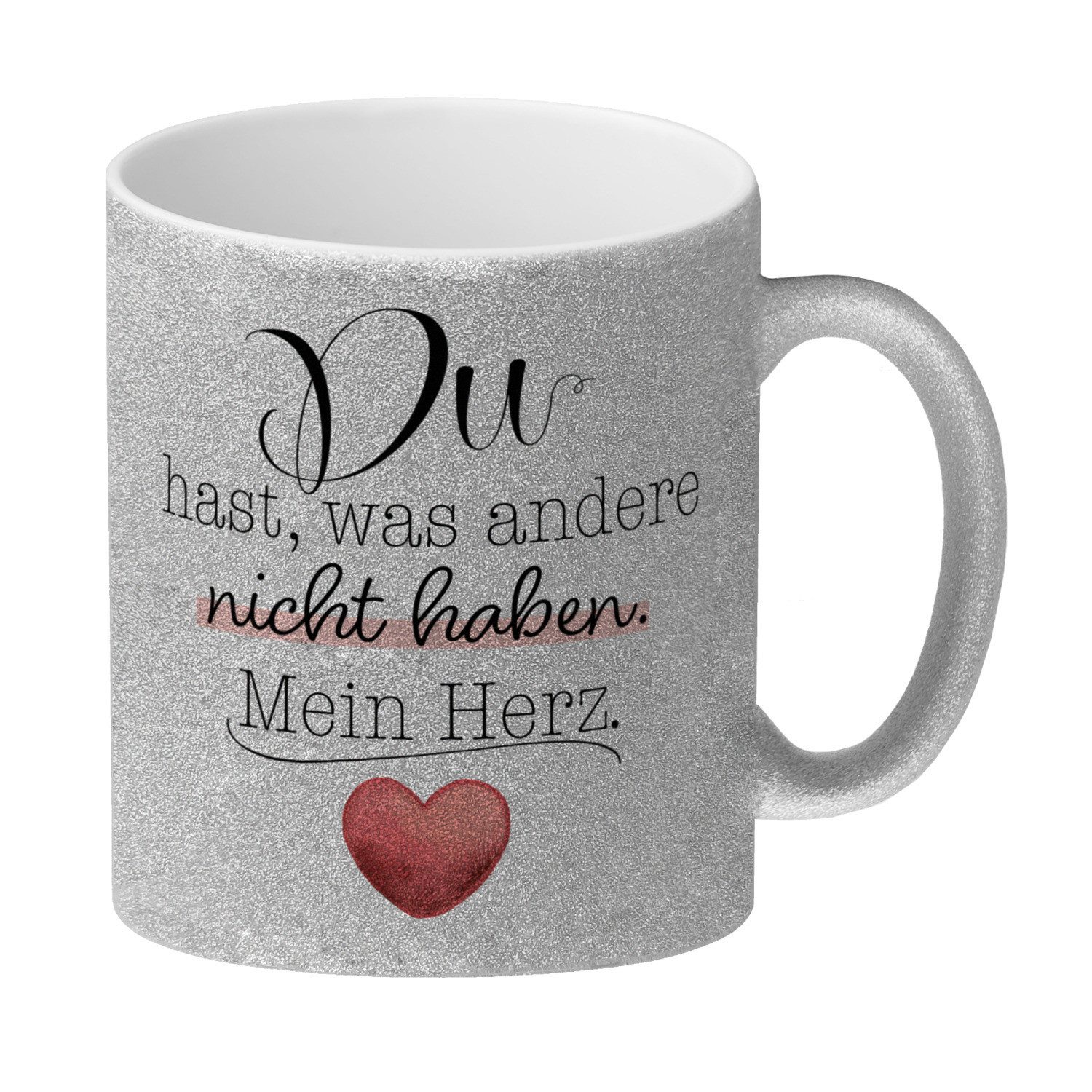 Tasse Herz Glitzer-Kaffeebecher mit Spruch Du besitzt mein Herz