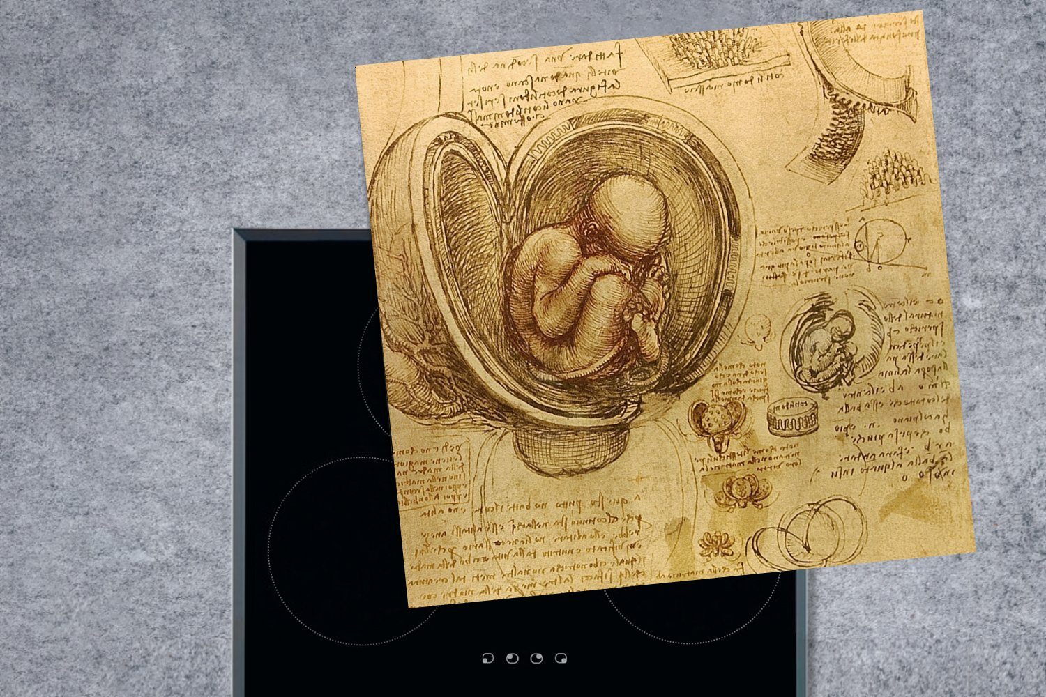 MuchoWow Herdblende-/Abdeckplatte Leonardo da tlg), für (1 cm, Vinci, 78x78 Ceranfeldabdeckung, küche Vinyl, Arbeitsplatte