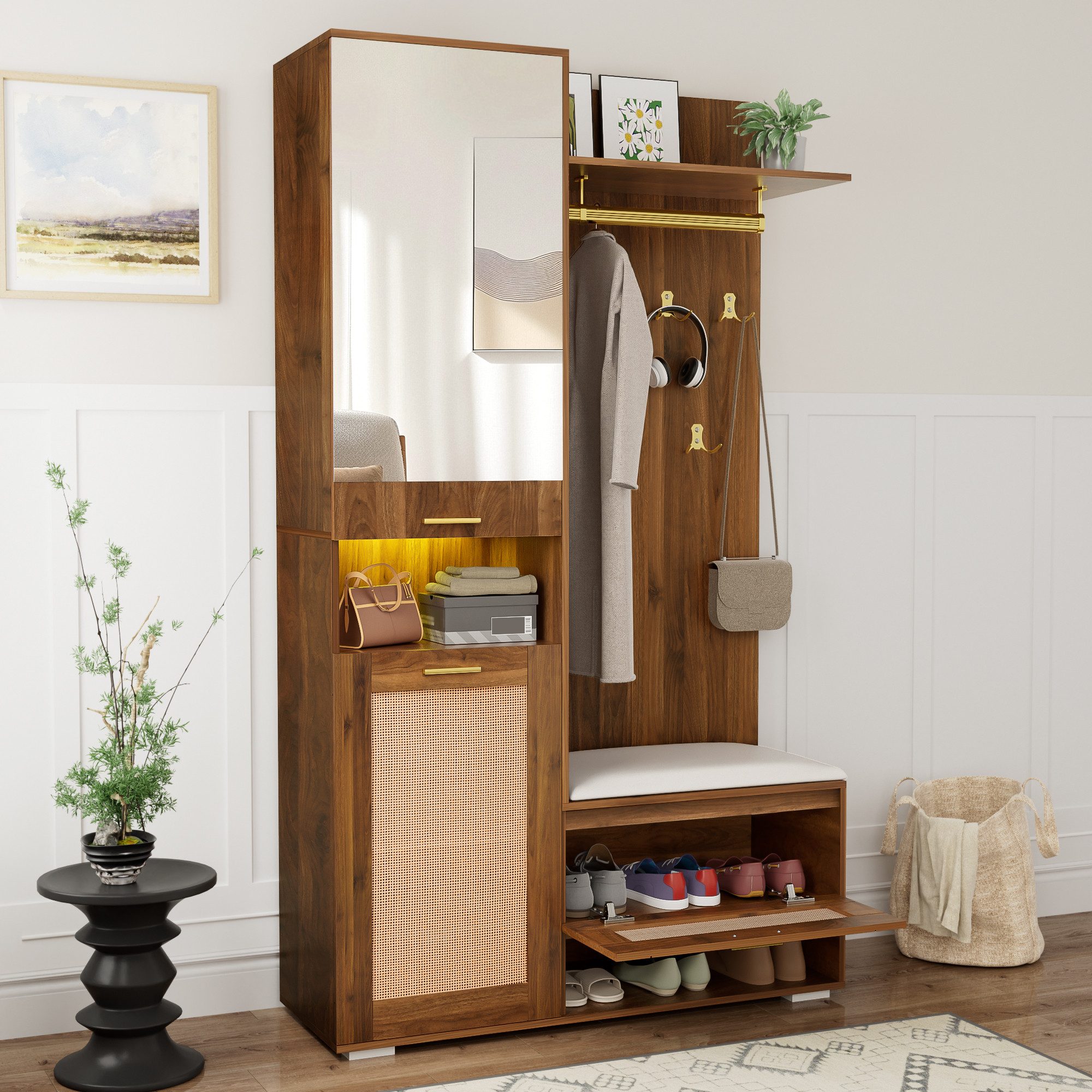 Merax Garderoben-Set mit Spiegel & goldenen Akzenten, Flurschrank mit LED-Beleuchtung, (Garderobenschrank platzsparender Eingangsbereich-Schrank, 1-St., Flurschrank 110×38×190cm), Flurmöbel mit Schuhschrank, Sitzbank, Wandgarderobe & Stauraum