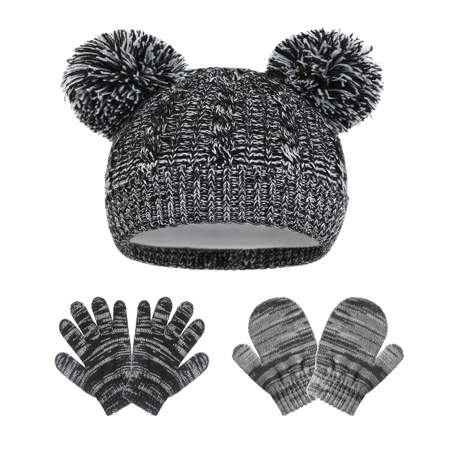 MAGICSHE Bommelmütze Mütze & Handschuhe Wintermütze Mit Wollfutter für Kinder im Alter von 1-5 schwarz