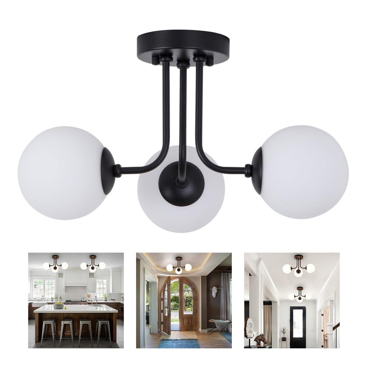 Welikera Deckenleuchte 3-Kopf-Deckenlampe Kugelförmig für 10-15 m² Raum,E27-Lampenfassung Schwarz