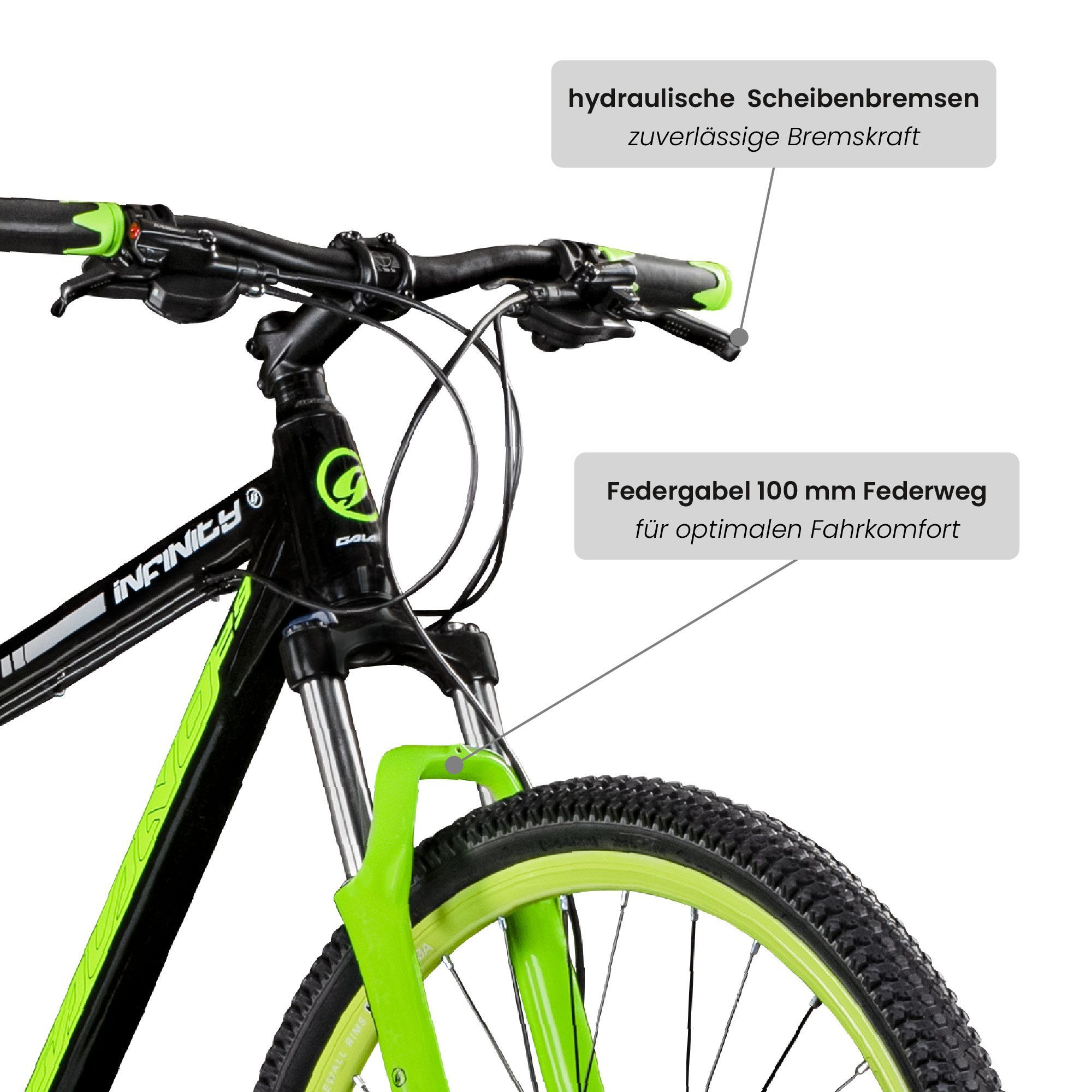 Galano Mountainbike Infinity, - schwarz/grün für Mountainbike Zoll 24 Kettenschaltung, MTB 190 Hardtail cm 175 Herren und Damen 29 Gang