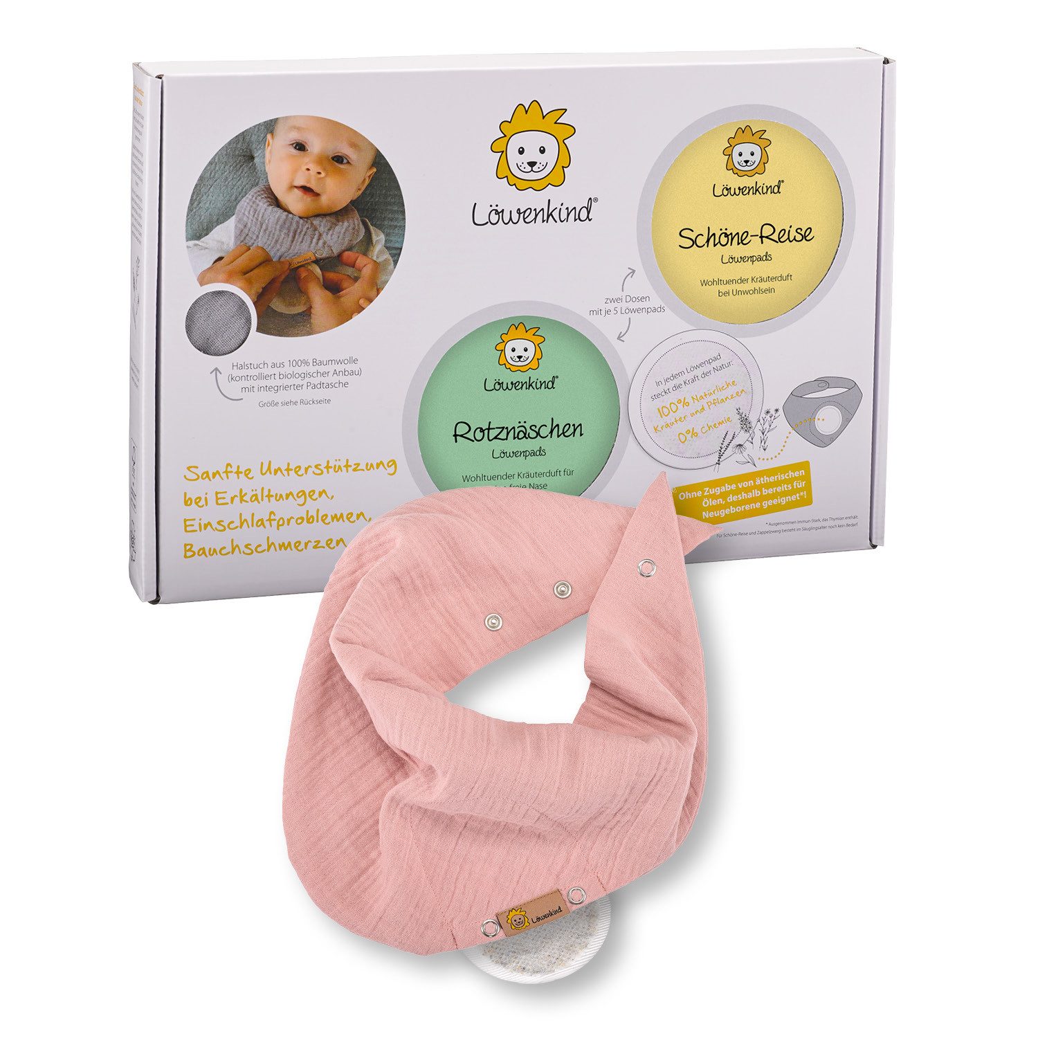Löwenkind Pflege-Set Einsteigerbox mit Halstuch "Medi" 4-12J., Rotznäschen und Schöne-Reise Einsteiger-Set, 2x5 Kräuterpads und Trägertuch