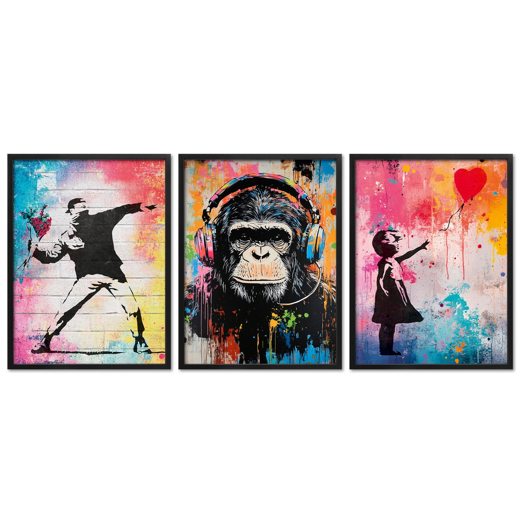 ARTFAVES Bilder-Collage Poster Set Colorful Banksy I mehrteilige Bilderwand I Wandbilder Stree, (Wandbilder modern, 3 St)