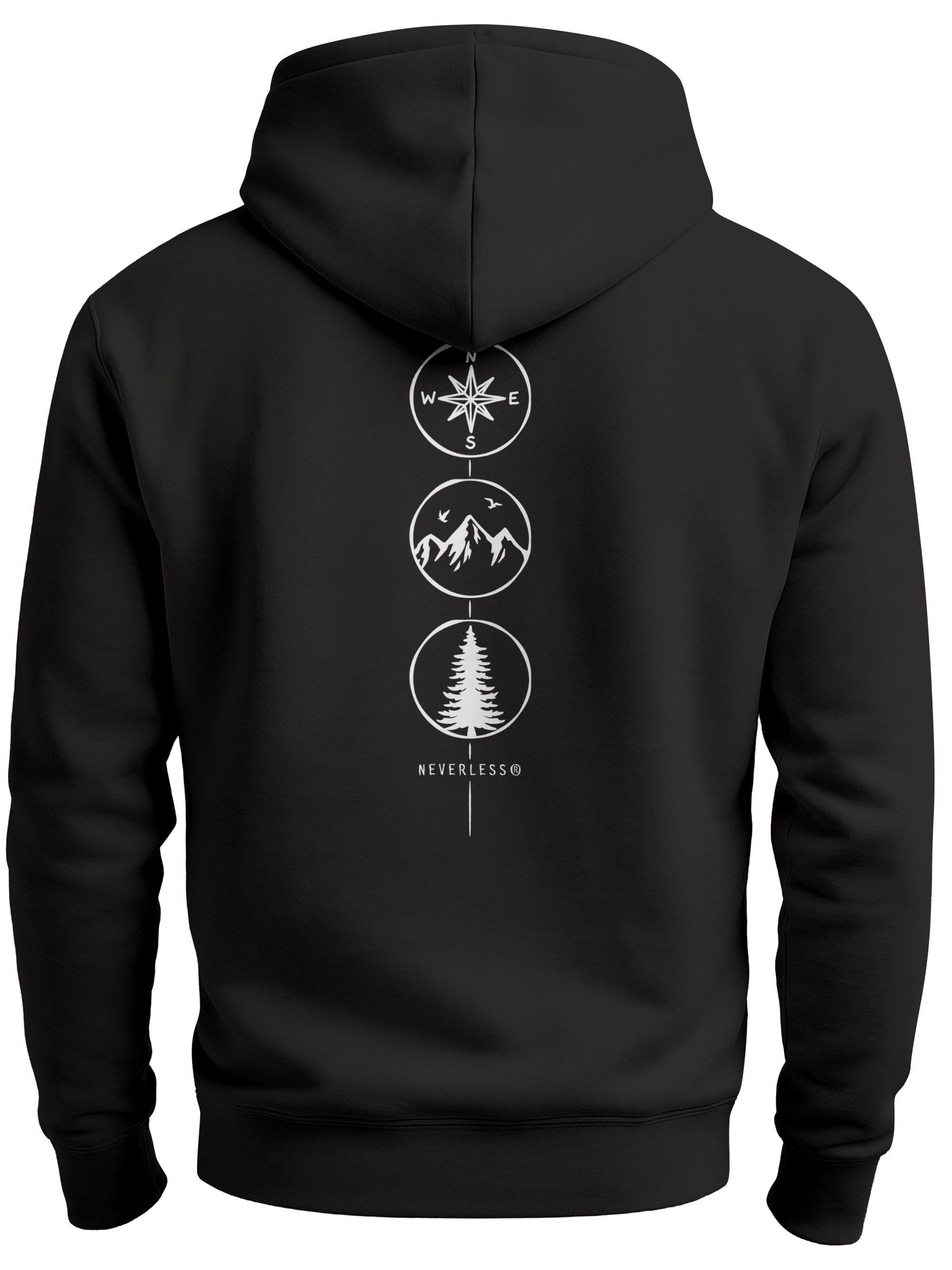Neverless Hoodie Herren Hoodie Backprint Nature Symbole, Kompass, Berge, Baum