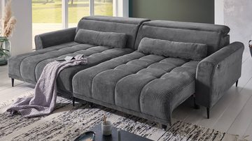 Massivart® Ecksofa LOGAN Cord grau / 277 cm, Cordsofa, Sitztiefenverstellung, Kopfteilverstellung, Nosagunterfederung