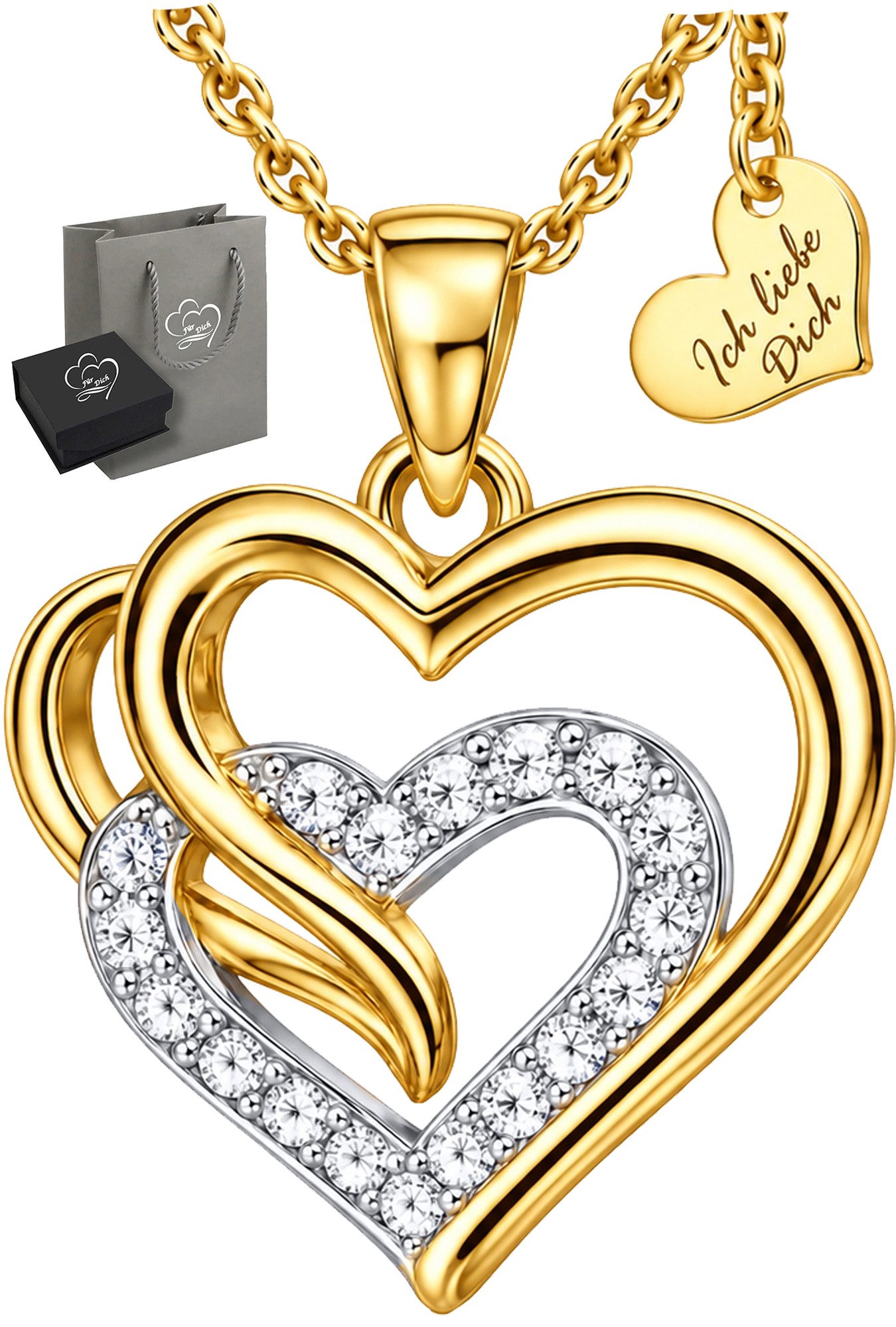 Limana Herzkette Ich liebe Dich Damen Kette mit Herz Anhänger 925 Silber gold vergoldet (Schmuck Geschenk für Freundin Frau inkl. Dose und Tasche), Jahrestag Geburtstag Weihnachten Valentinstag Hochzeitstag Muttertag