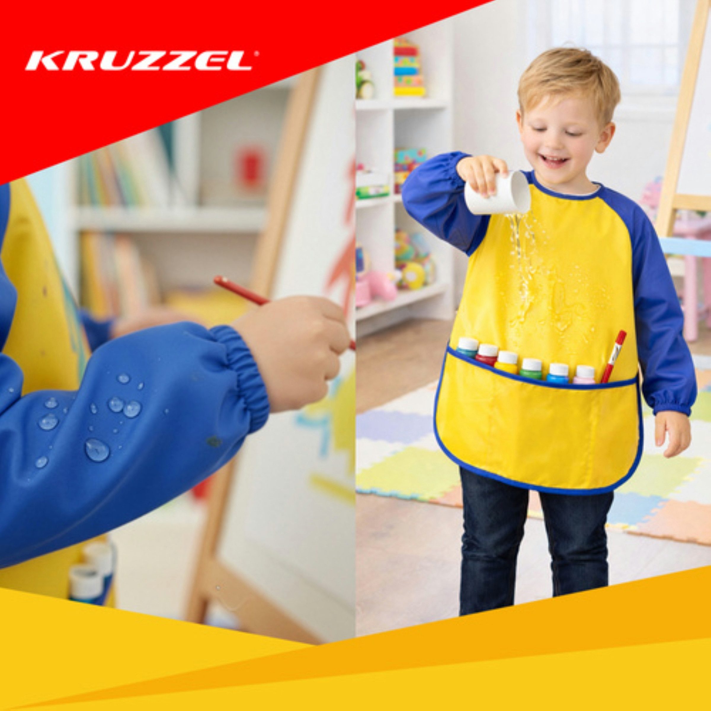 KRUZZEL Malschürze Kinderschürze Malschürze Kinder wasserdicht mit Ärmeln Größe S, (Einzelartikel Kinderschürze Malschürze Kinder mit Ärmeln, Kinderschürze wasserdicht mit Ärmeln Malschürze Kinder Set), Kinderschürze wasserdicht mit Ärmeln Malschürze Kinder 3 Taschen