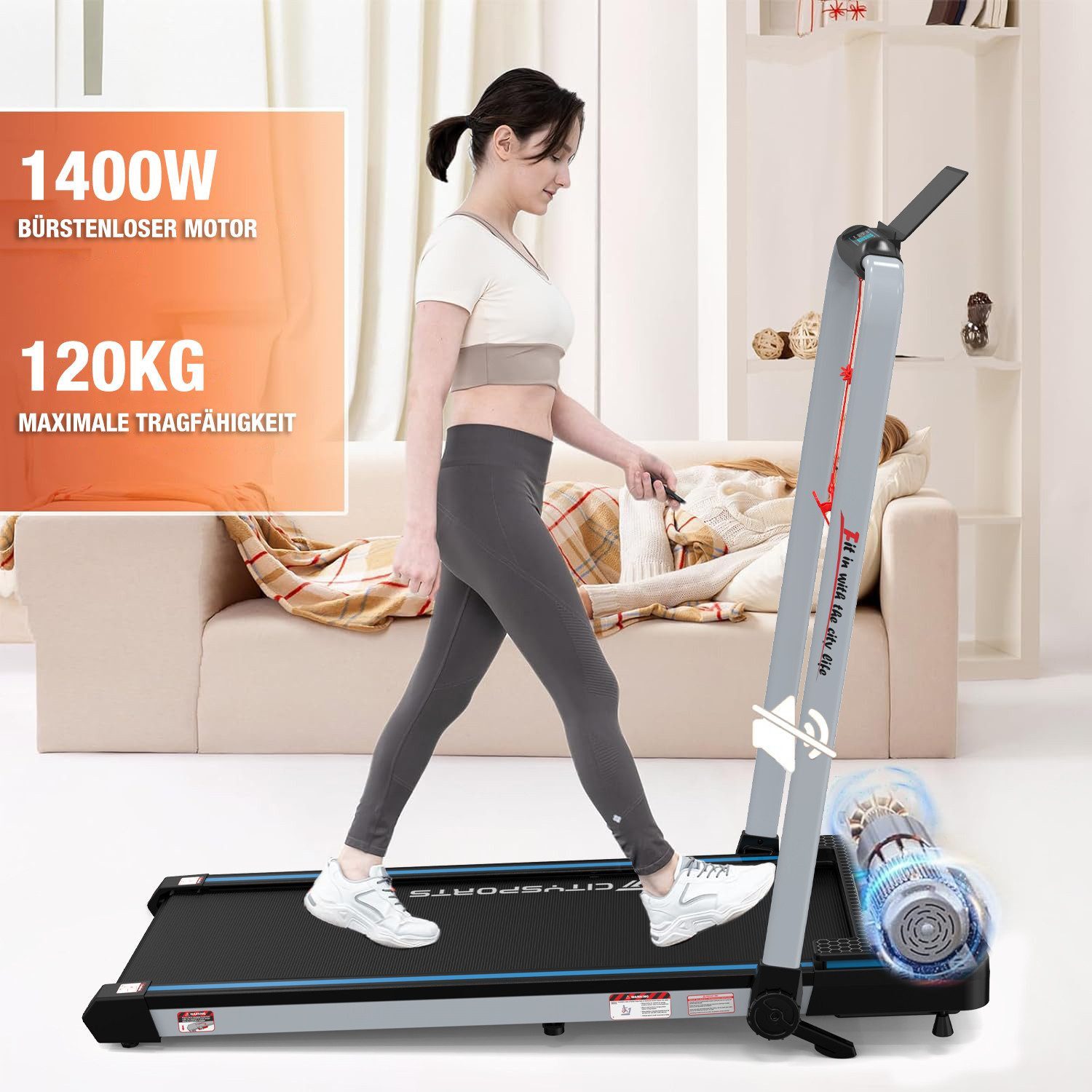 CITYSPORTS Laufband WP3S Klappbares Laufband für Zuhause 1400W Walking/Jogging Pad (Tool kits,Schmiermittel), 1-12km/h Max.Tragfähigkeit 120 kg, Bluetooth APP-Funktion