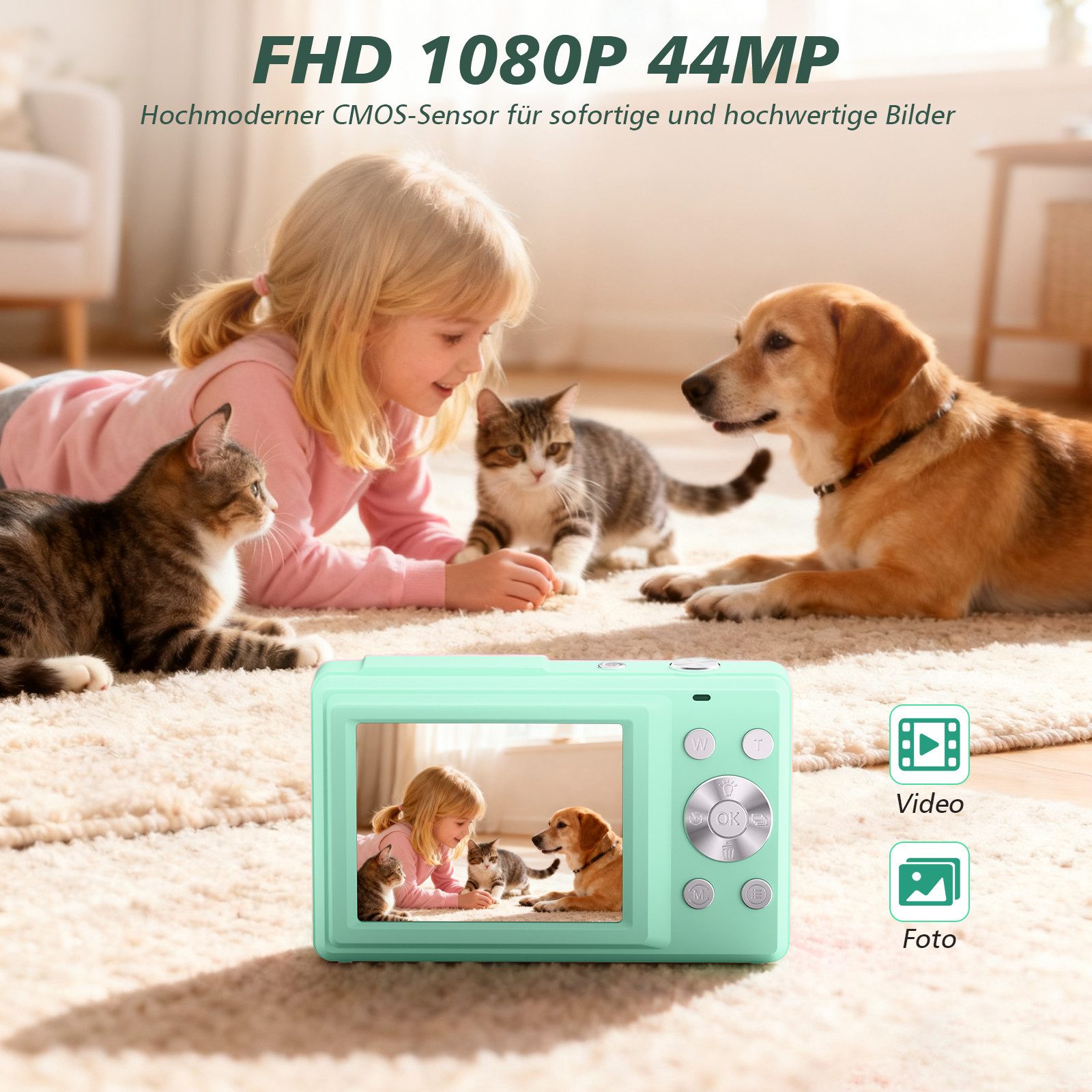 AKKEE Digitalkamera 1080P 44MP Kompaktkamera mit 32G Karte 16X Digitalzoom Kompaktkamera (44 MP, Anti-Shake, Serienaufnahmen, Timer-Aufnahme, Gesichtserkennung)