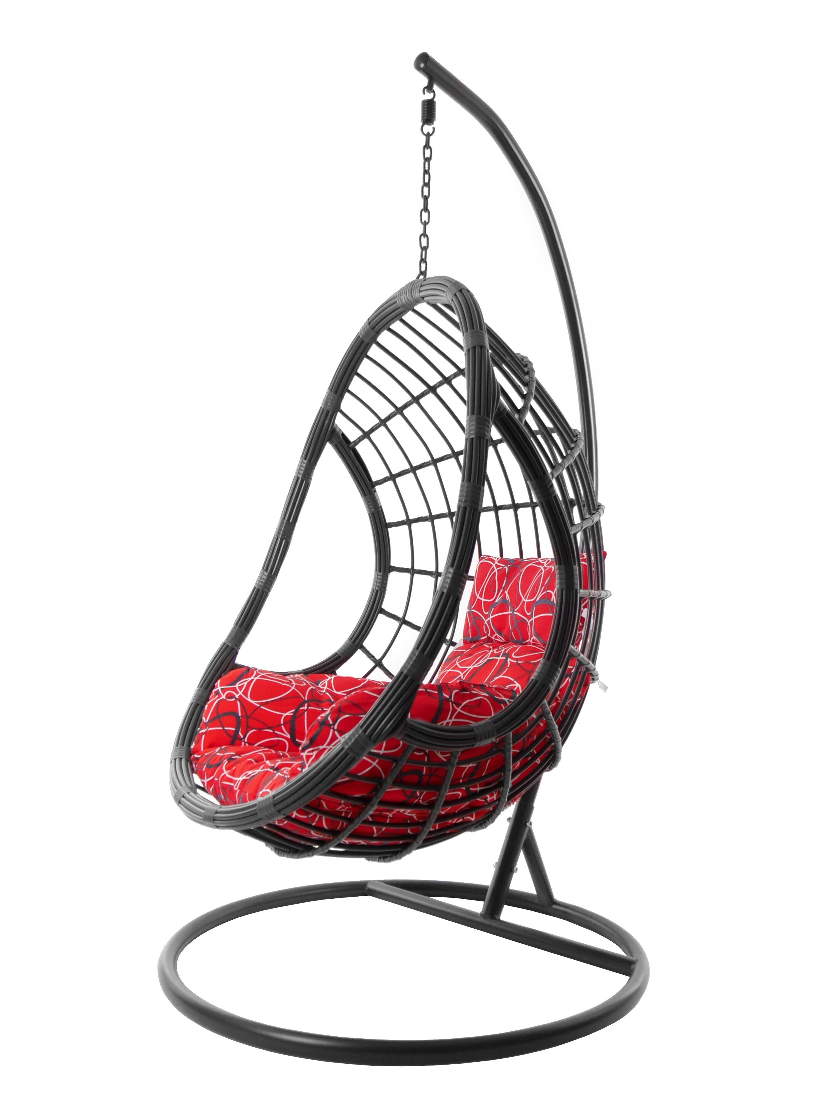 KIDEO Hängesessel Hängesessel PALMANOVA grau, moderne Loungemöbel, Hängestuhl in grau, inklusive Gestell und Kissen rot gemustert (3088 red frizzy) | Hängesessel
