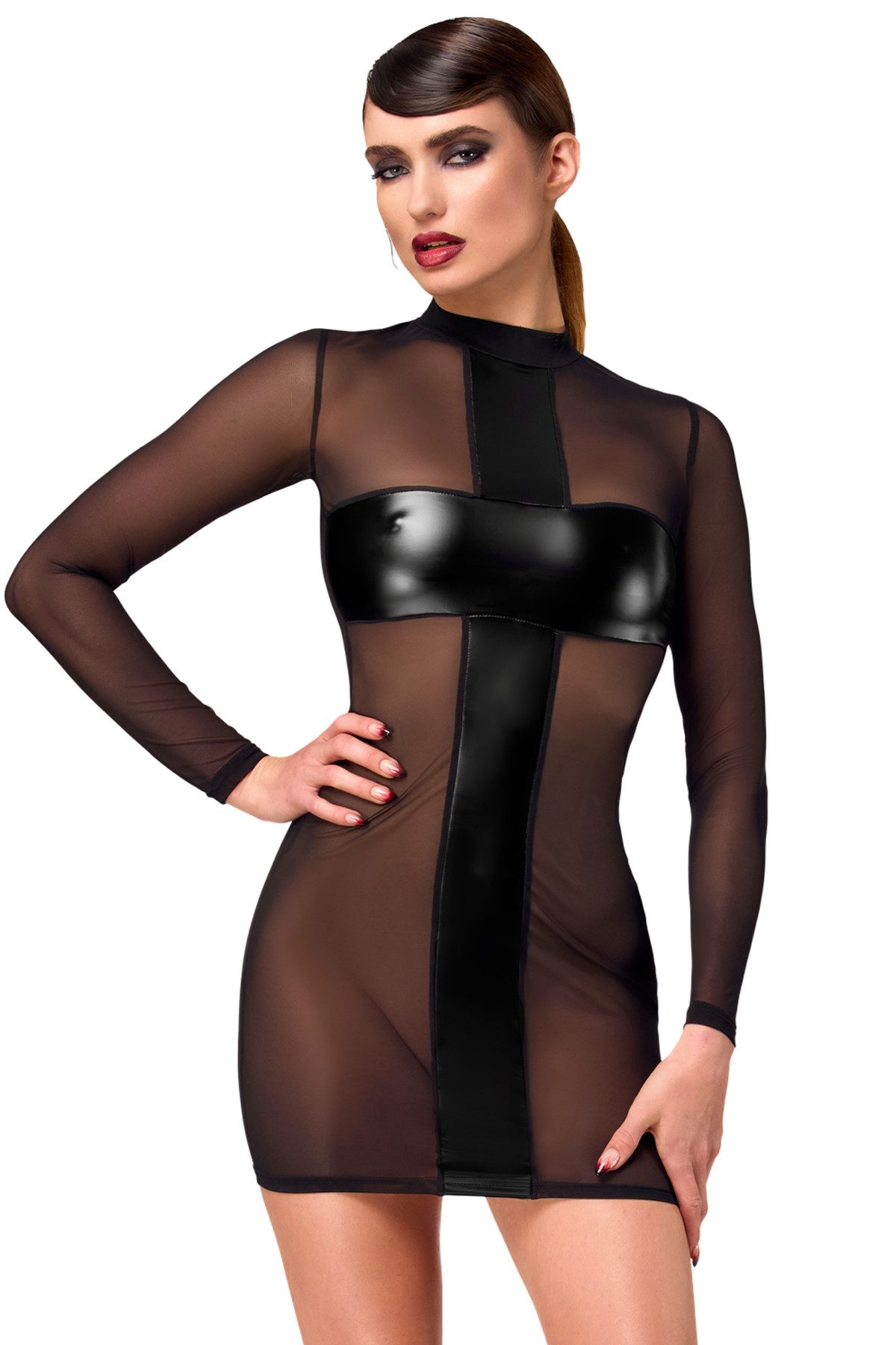 Noir Handmade Minikleid Transparentes kurzes Schlauch Kleid aus schwarzem Netz lange Ärmel Nac