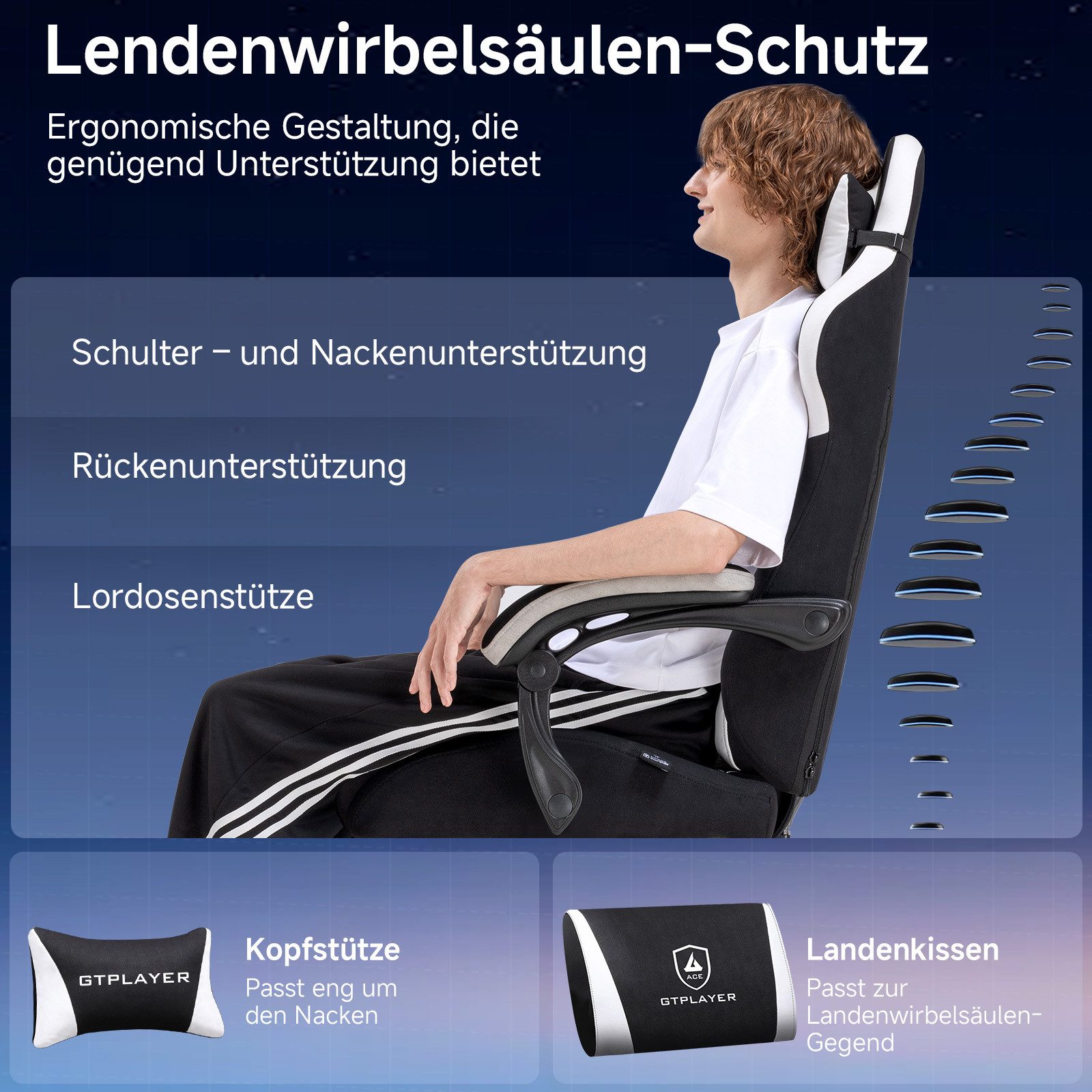 GTPLAYER Gaming-Stuhl Stoff Gaming Chair Ergonomisch Bürostuh PC Stuhl, 150kg Belastbarkeit, Schreibtischstuh mit Federsitzkissen und Fußstütze – Bild 2 von 5