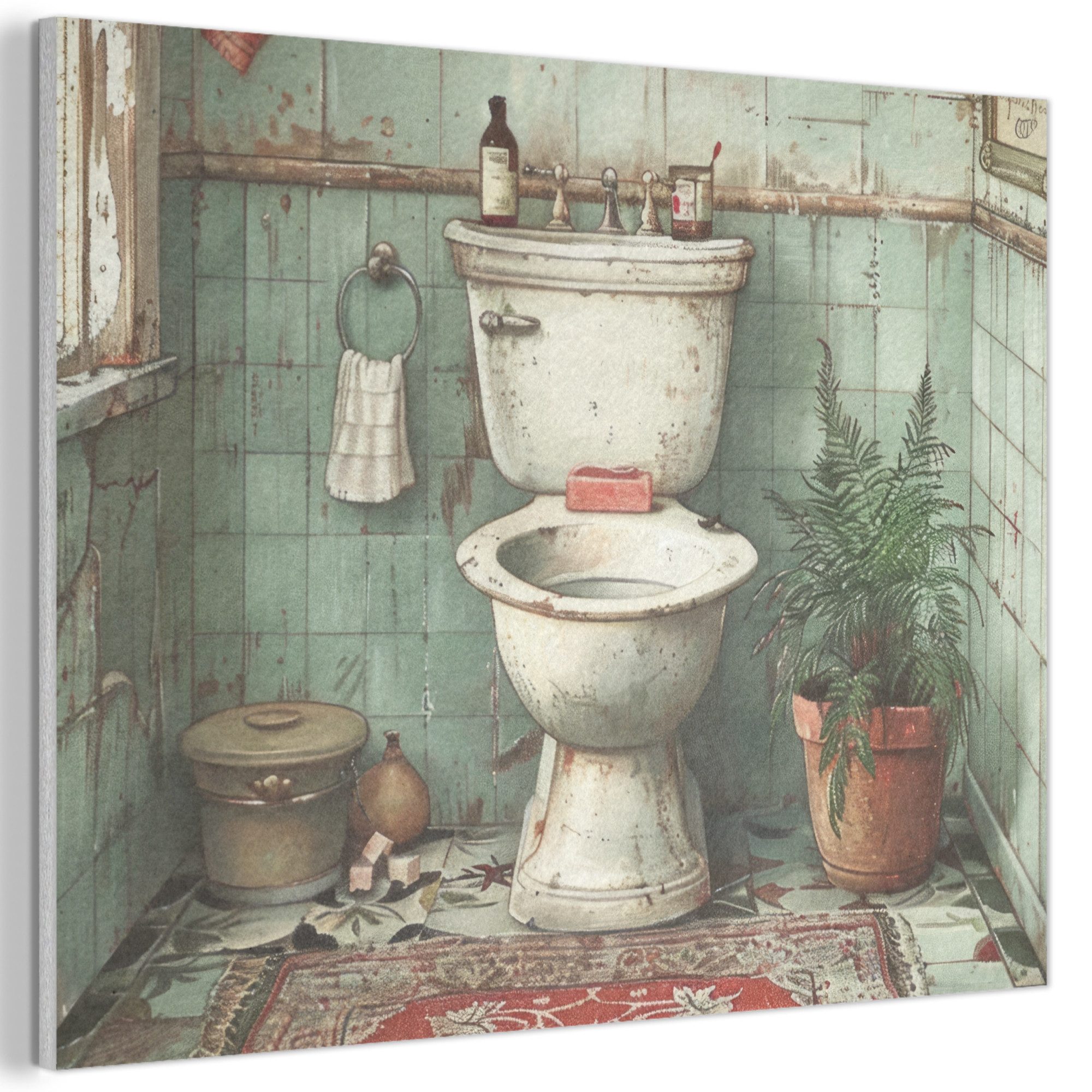 MuchoWow Gemälde Weinlese - Toilette - Illustration, Fotodruck (1 St), Akustikbilder Schallabsorber, Wandpaneele, Akustikpaneele 70x50 cm