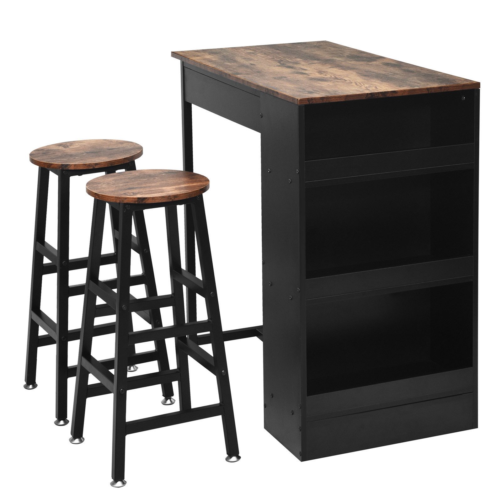 KOMFOTTEU Bartisch (3-St), Esszimmer-Set im Industriestil, mit 3 Ablagefächern