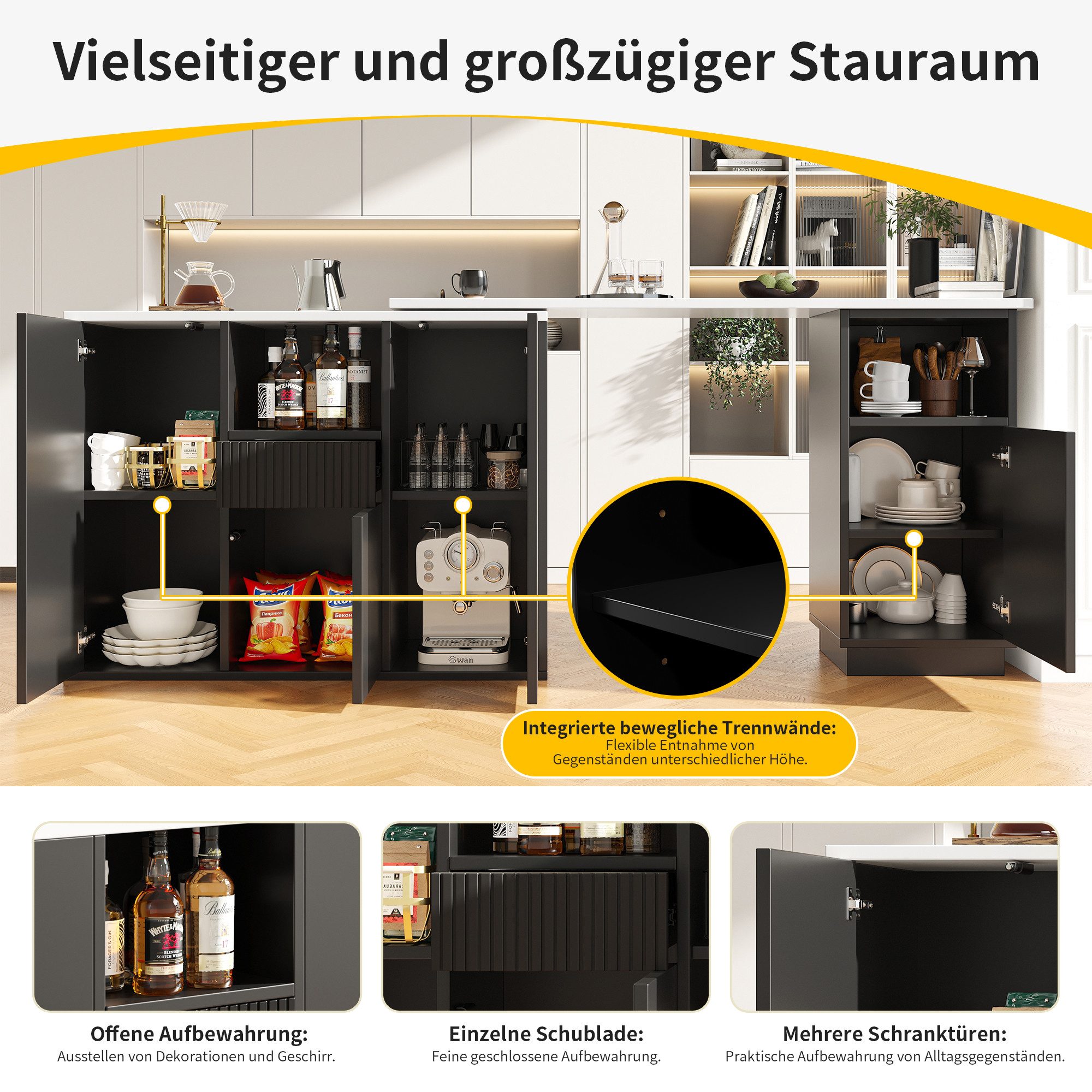 Flieks Bartisch 360° drehbar Stehtisch und Mehrzweckschrank 2-in-1 (Set, 2-St., mit verstellbarer Einlegeböden und Arbeitsplatte in Marmoroptik), schwenkbar Essbar Kücheninsel Küchenschrank mit Schubladen