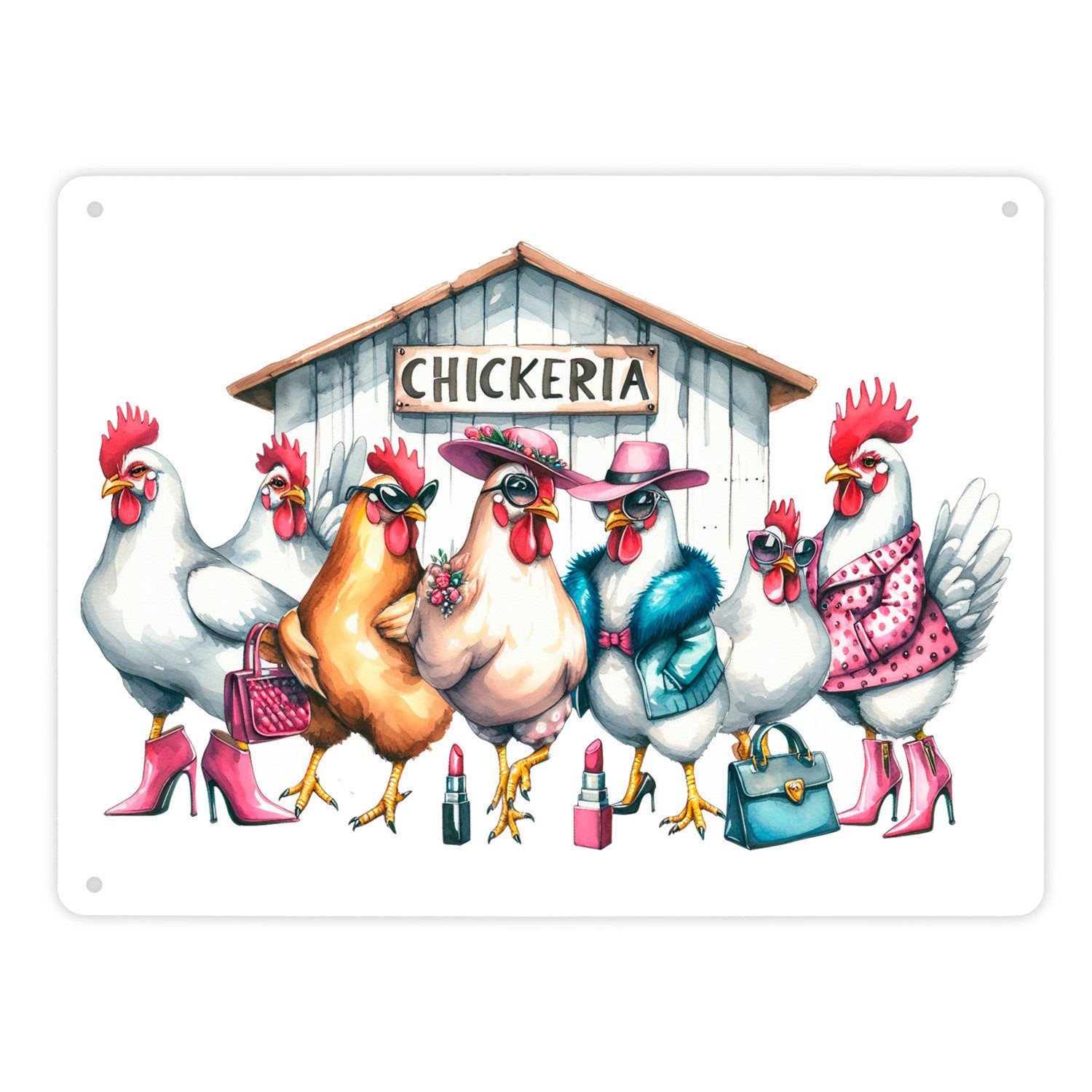 speecheese Metallschild Modische Hühner am Hühnerstall Metallschild XL in 2 günstig online kaufen