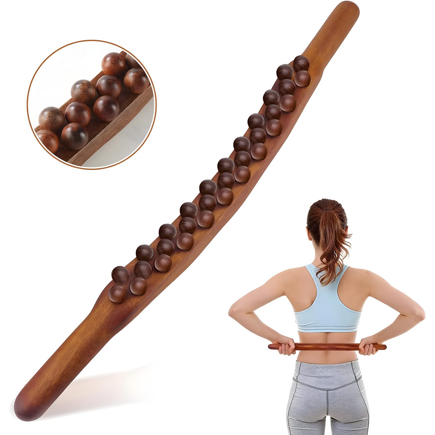 AIMAX Nacken-Massagegerät Holz-Gua-Sha-Massageroller 31 Perlen, 58cm, Nacken- & Körpermassage, Massagestab Holz Ganzkörper Gesichtsmassagegerät Massagestein, Gua Sha Wooden Therapy Stab, Scraping Stick, Faszienstab Roller Wood, für Muskelentspannung Massage, Nacken, Rücken, Bauch, Beine, Arme