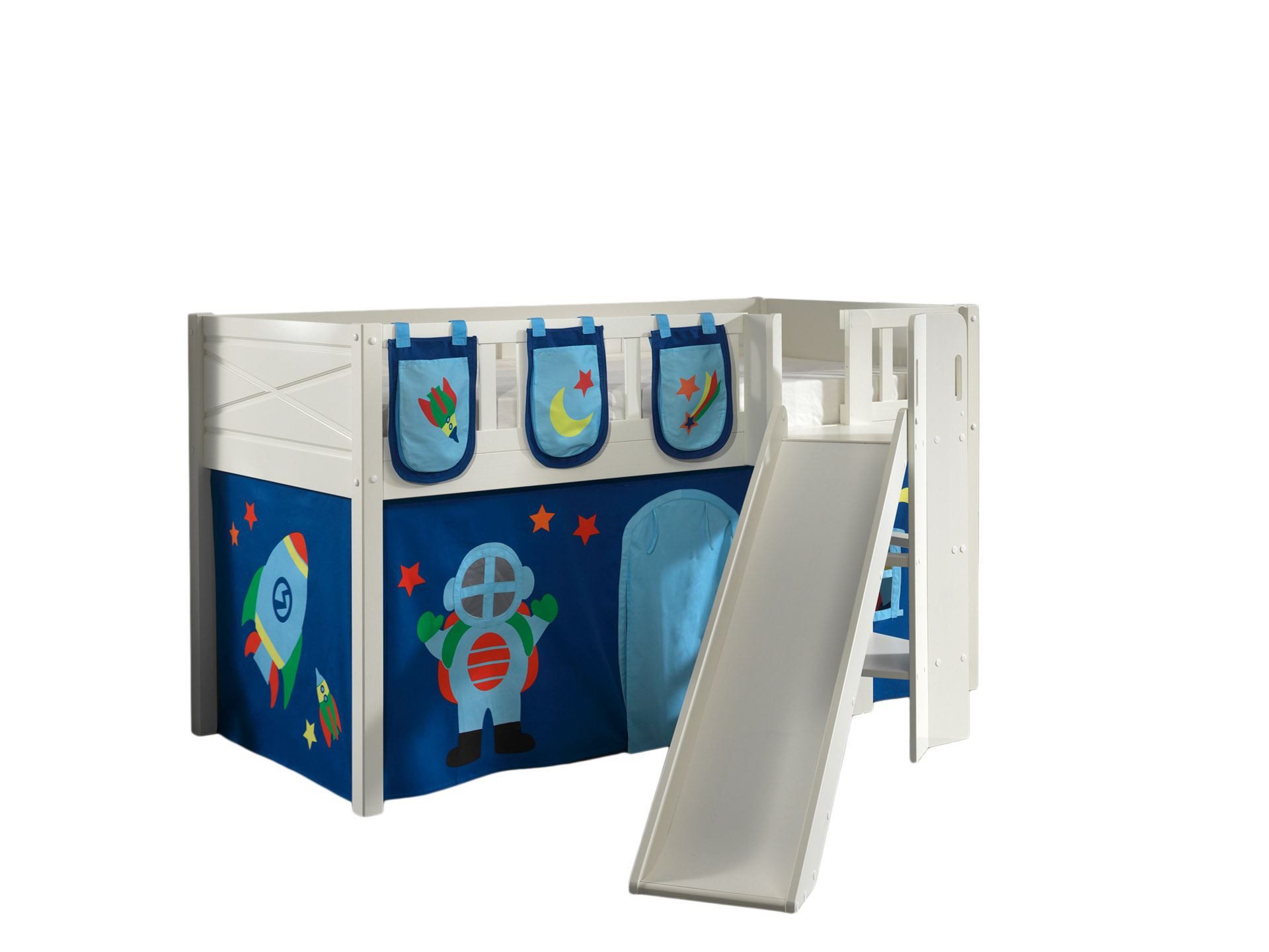 58 aufm Kessel Bettgestell Spielbett mit Rutsche Karyl 208x204x114 Kinderbett Massivholz Astro (inkl. Versand, Lieferung bis Verwendungsstelle), Liegefläche 90 x 200, Rutsche im 33° Winkel, Rolllattenrost, Textilset