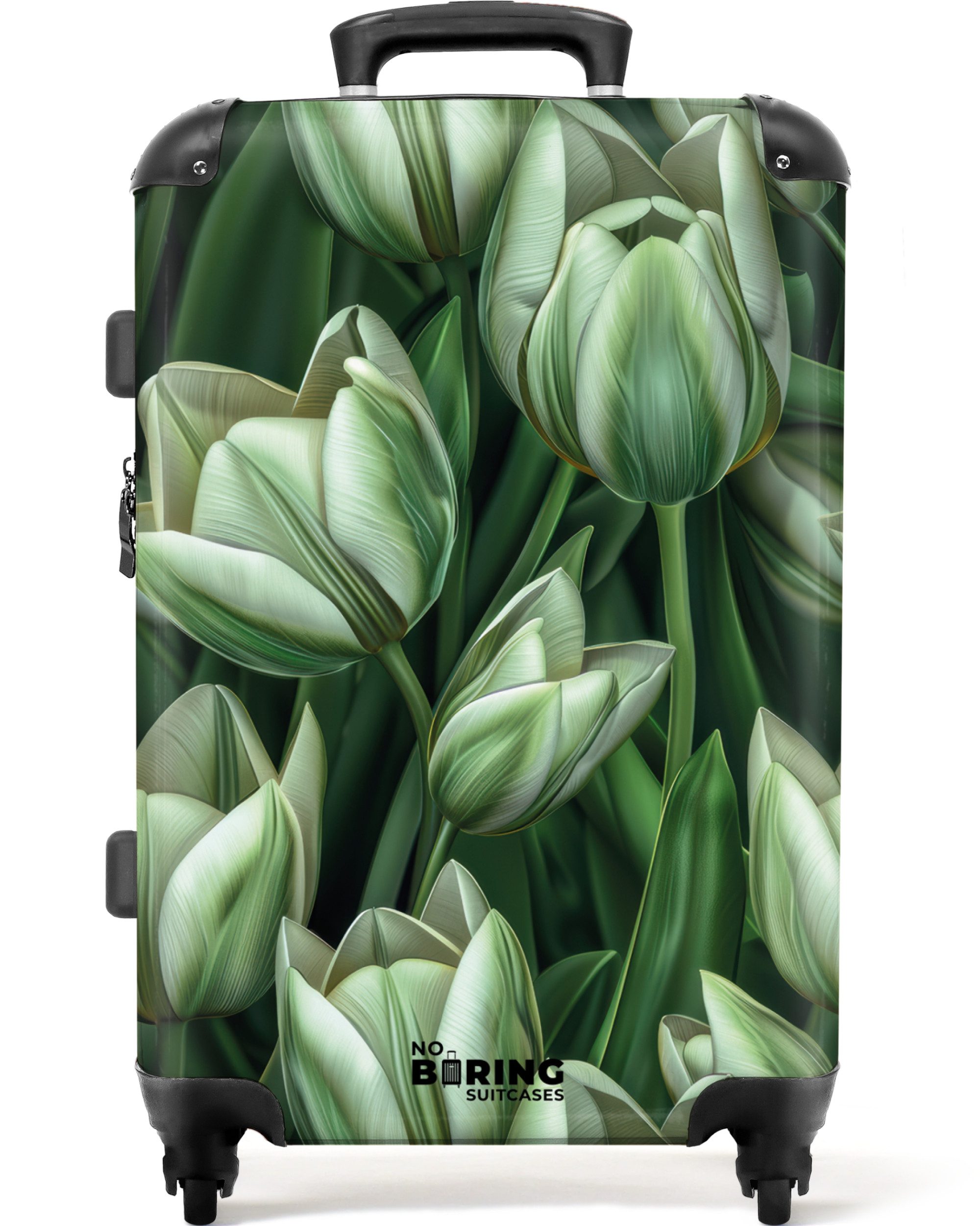 NoBoringSuitcases.com© Hartschalen-Trolley Grün mit weißen Tulpen günstig online kaufen