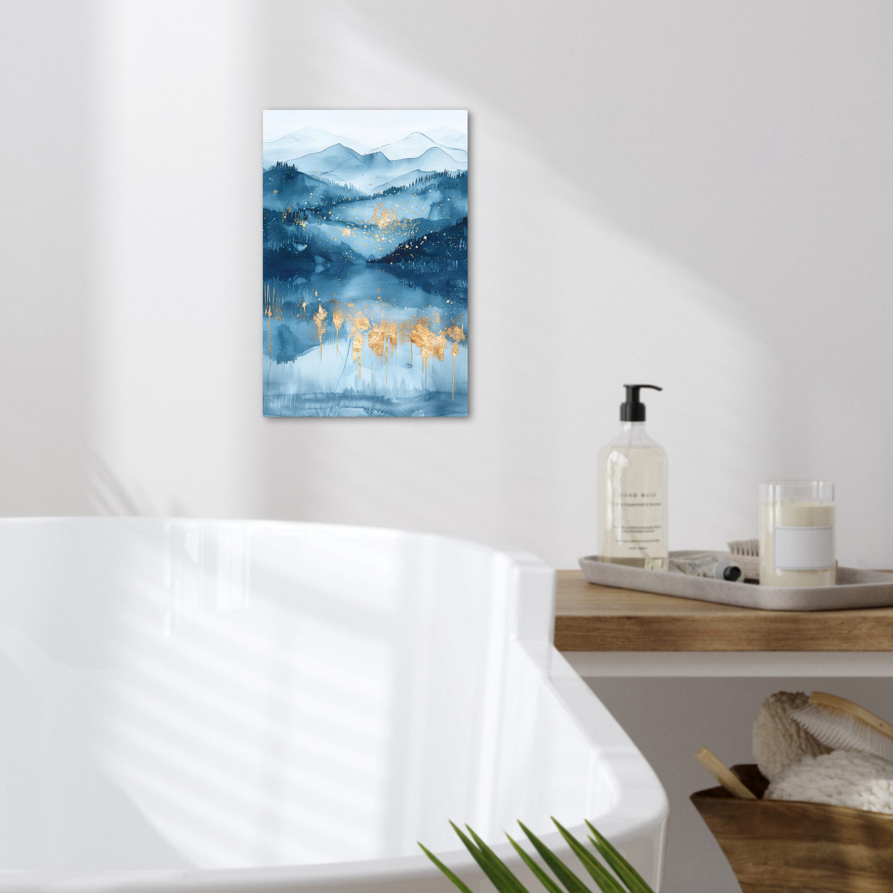 OneMillionCanvasses® Leinwandbild Landschaft - Blau - Modern - Gold - Abstrakt, Fotodruck (1 St), Badezimmer Deko, Bilder WC, Toilette Wanddeko 20x30 cm