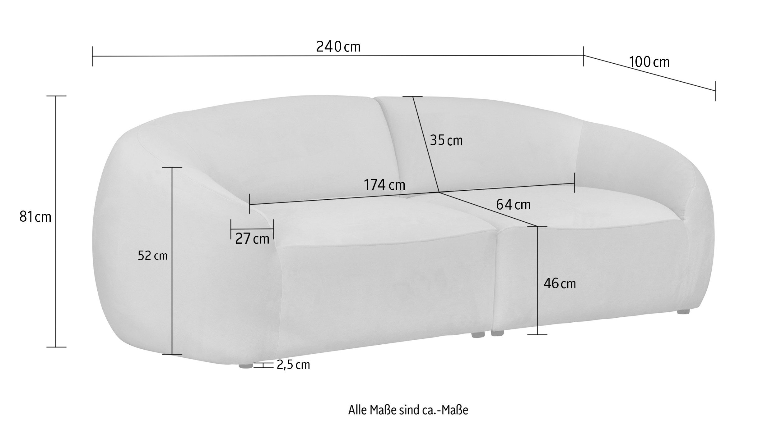 LeGer Home by Lena Gercke Big-Sofa YANI, Designersofa, organische Form, Maße B/T/H: 240/64/81 cm, mit Wellenunterfederung, auch in Bouclé, passend zur Serie