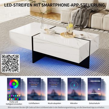 NMonet Couchtisch Hochglanz Wohnzimmertisch, Beistelltisch, Farbblockdesign, mit LED-Beleuchtung und 3 Schubladen