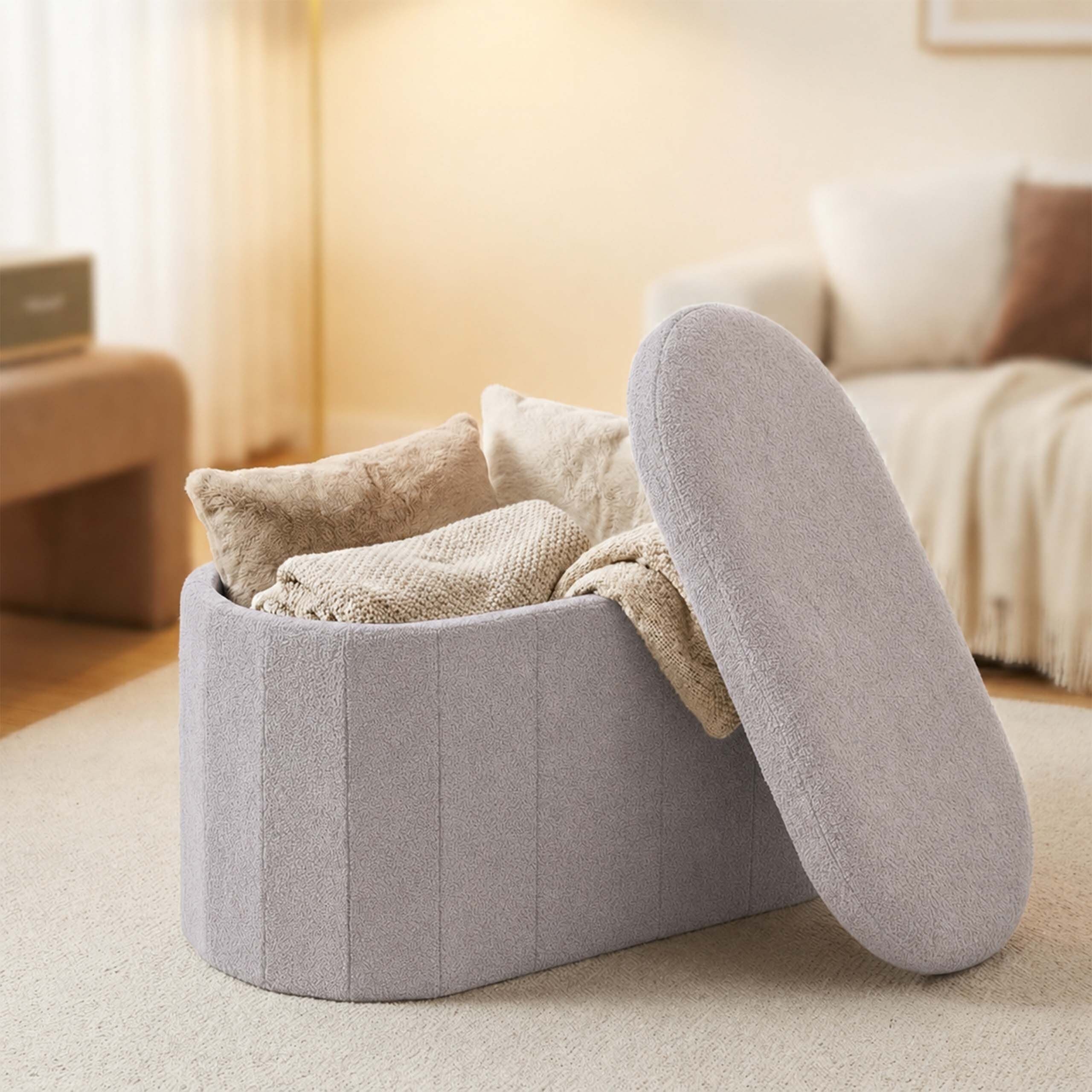 relaxdays Sitztruhe Sitzbank aus Teddystoff (1-St), Hellgrau – Bild 5 von 5