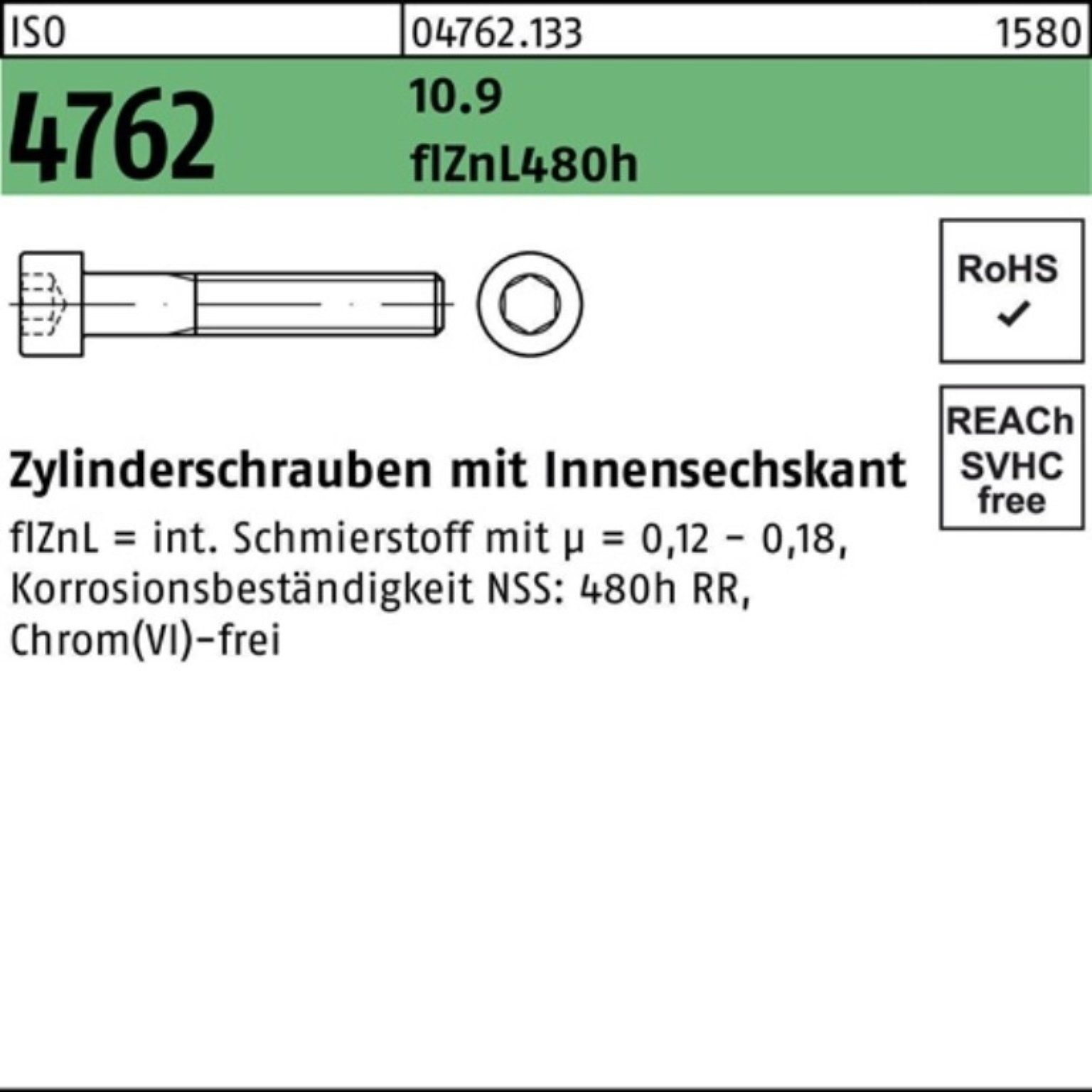 Pack Reyher Zylinderschraube Innen-6kt 200er 4762 ISO 10.9 M5x45 Zylinderschraube zinklamellen