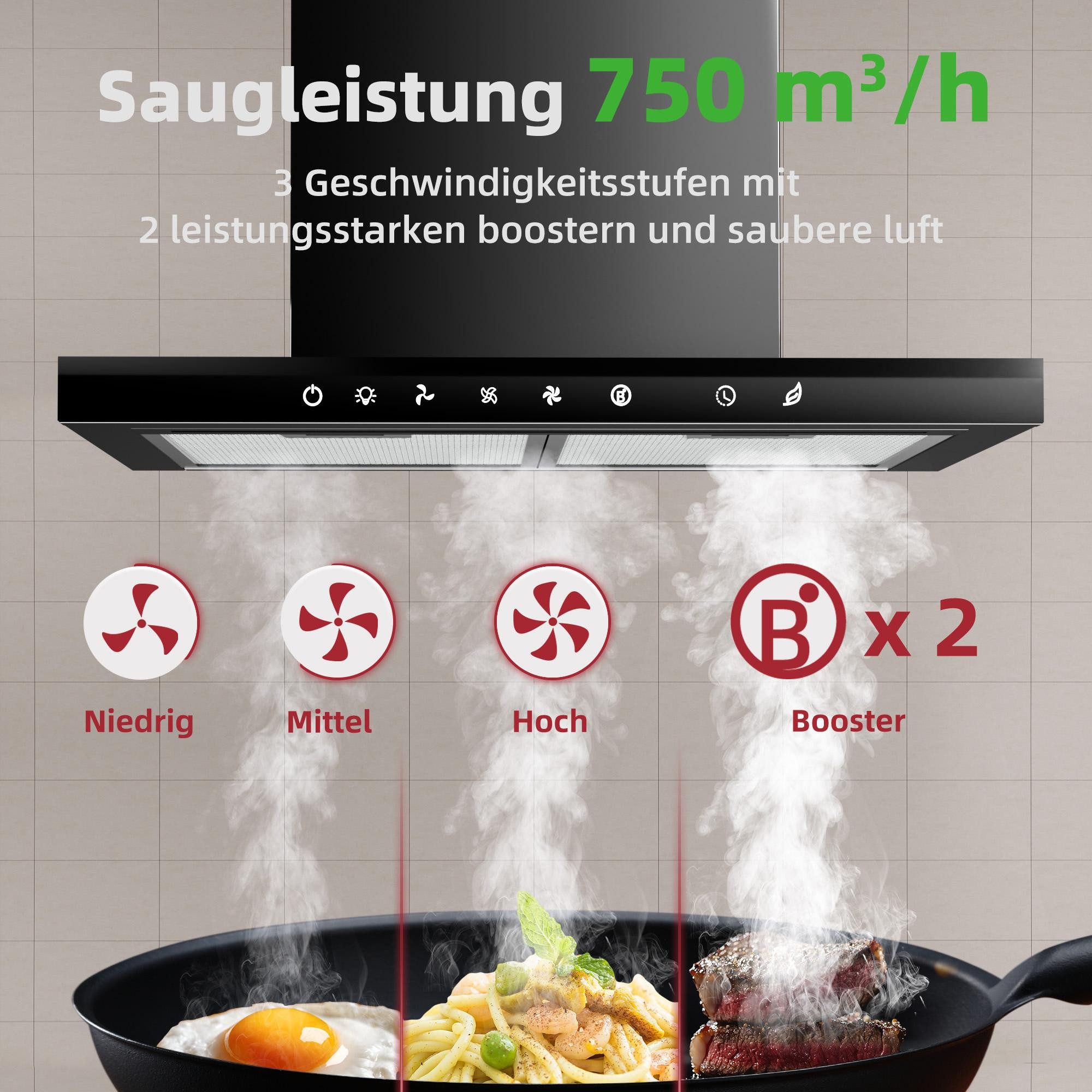 Levivo Wandhaube A+++ Dunstabzugshaube 60cm Umluft & Abluft mit 750 m³/h A+++ Dunstabzugshaube 60cm Umluft & Abluft mit 750 m³/h, Aktivkohlefiltern, Fettfiltern, LED-Beleuchtung