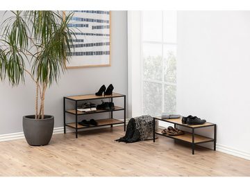 möbelando Schuhregal Carney, Modernes Schuhregal, Gestell aus Metall pulverbeschichtet in Schwarz-Matt, Ablageflächen aus MDF in Wildeiche Nachbildung. Breite 77 cm, Höhe 32 cm, Tiefe 35 cm