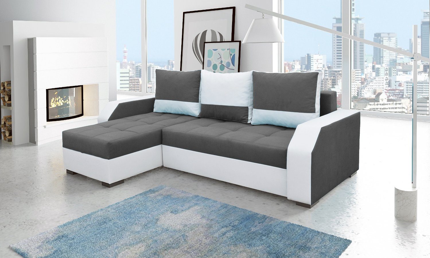 JVmoebel Ecksofa, Design Ecksofa Bettfunktion Couch Leder Textil Polster Sofas Couchen Dunkelgrau / Weiß