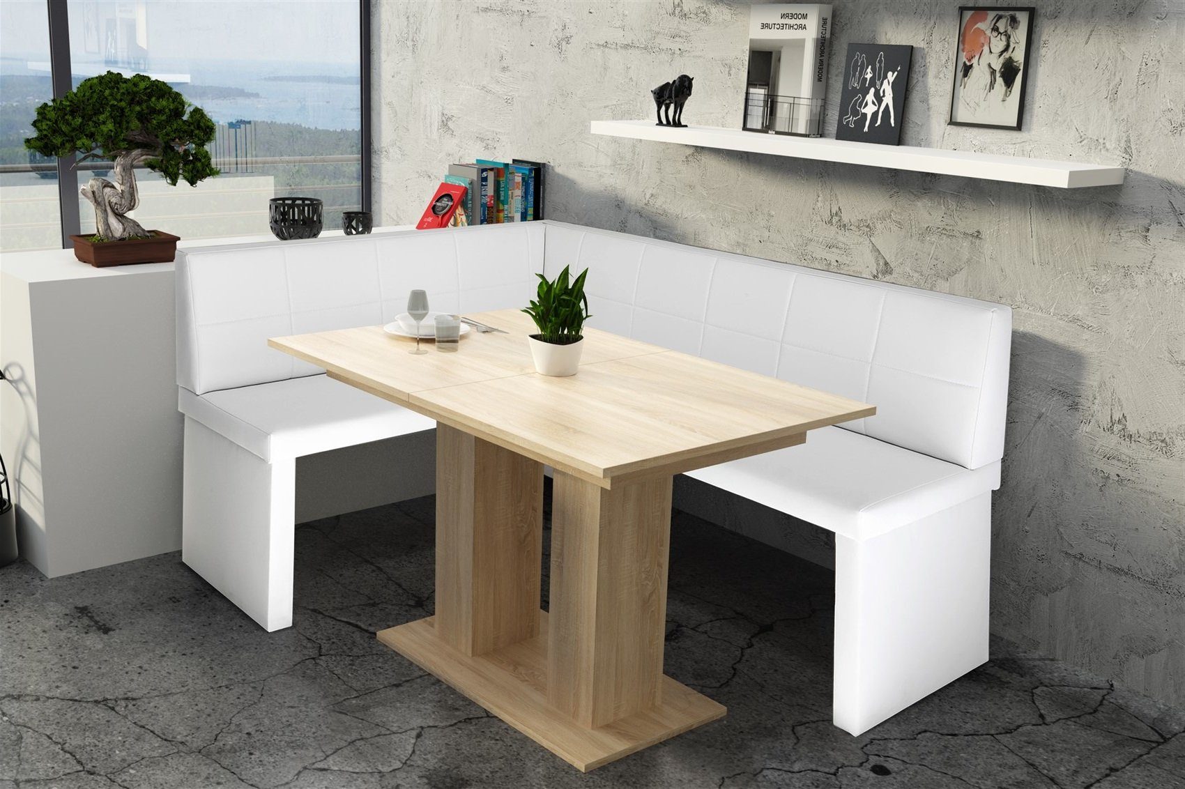 Tisch Kunstleder Tisch Möbel Robin in Sonoma Eiche, mit Fun 196x142cm ausziehbarer Eckbankgruppe Eckbankgruppe XL