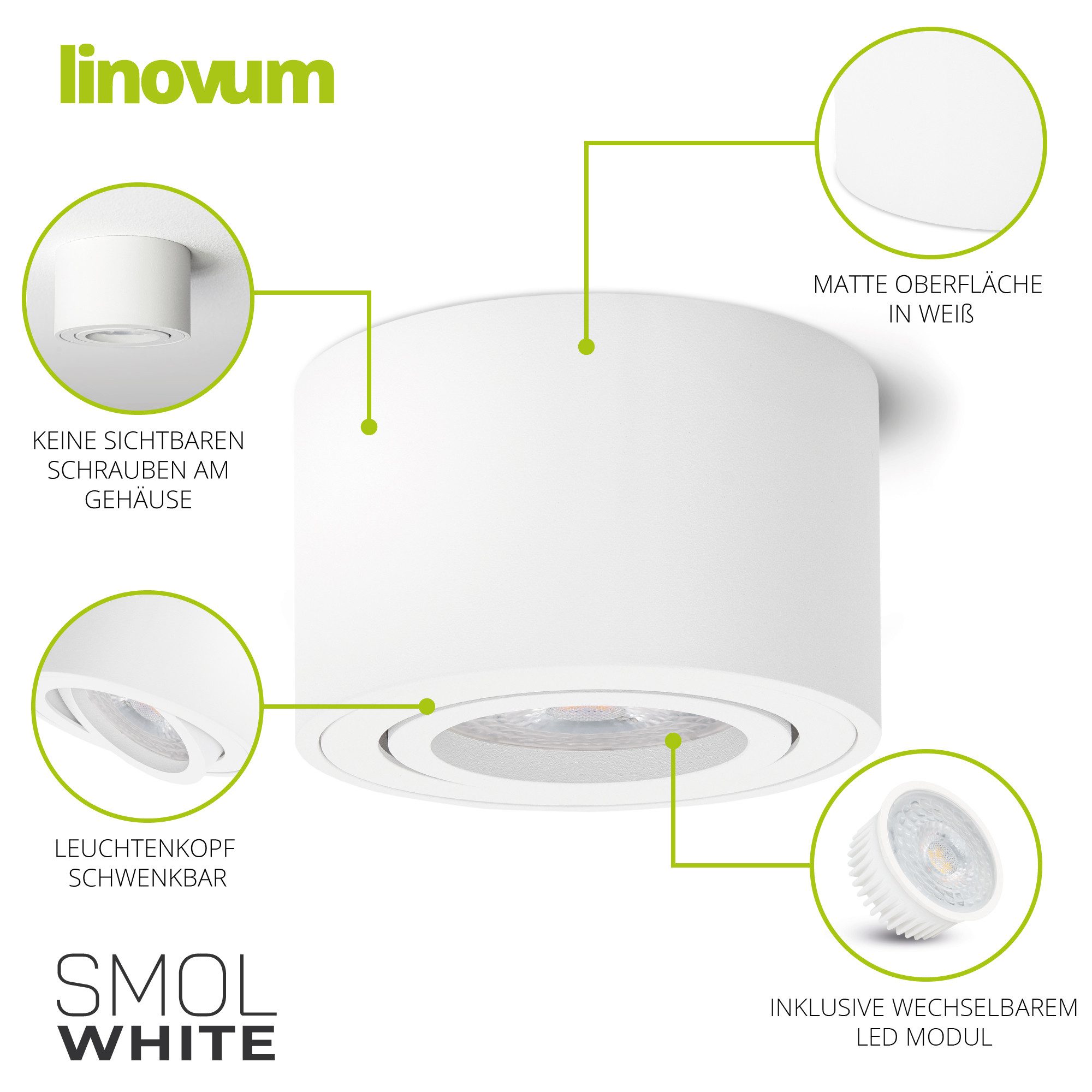 linovum LED Aufbaustrahler SMOL schwenkbar weiß mit Modul LED 2W warmweiß Deckenlampe schwenkbar, Warmweiß