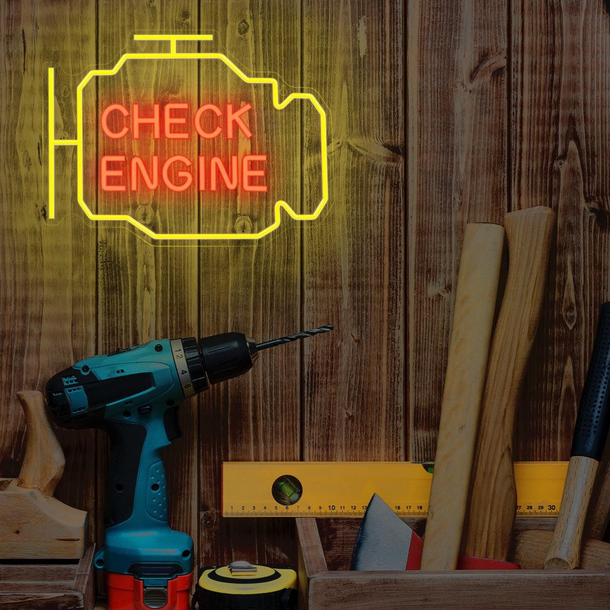Forever Light LED Dekolicht Neon LED Leuchte "CHECK ENGINE" gelb/rot – NNE21 – Neolia, LED fest integriert, Gelb, Rot, Dimmbar, LED gleichmäßig, Ein-/Aus-Schalter