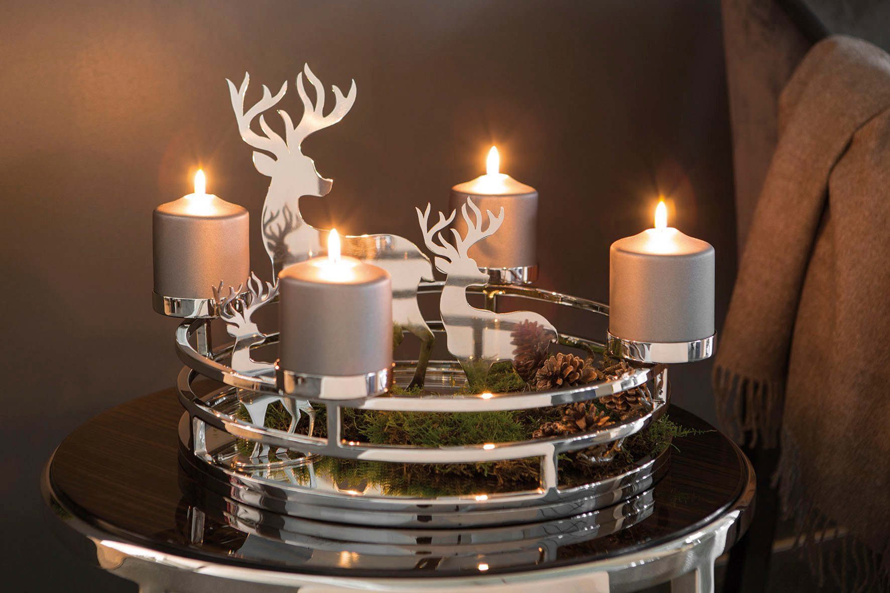 Fink Adventsleuchter MODENA, für 4 Stumpenkerzen Ø 8 cm, Deko-Tablett für Weihnachten (1 St), Adventskranz, Ø 38 cm, Kerzenhalter aus Edelstahl, Weihnachtsdeko